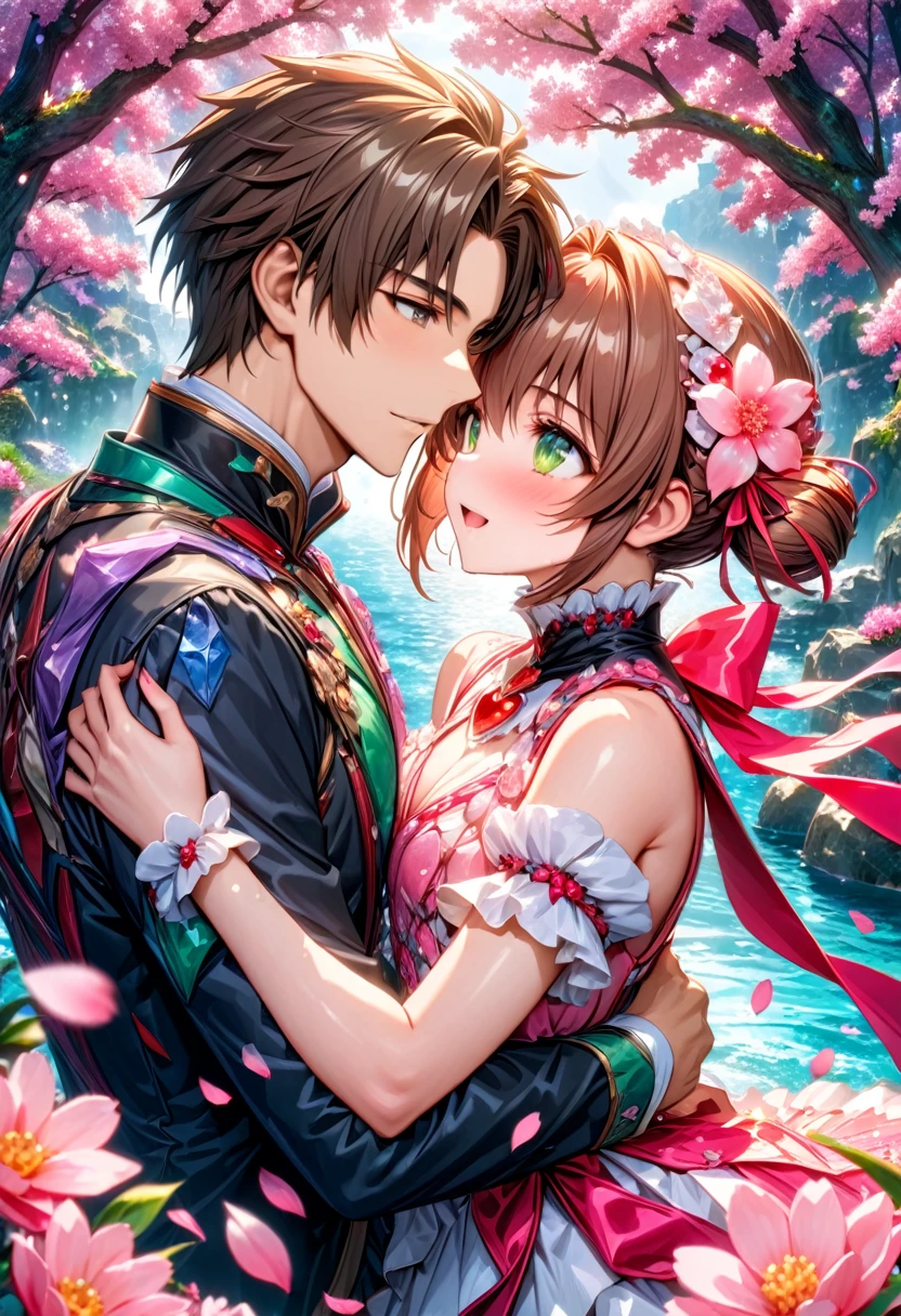 Ultra detailed, Highres, absurdres, HDR, master piece, Kinomoto Sakura, brown short hair, expressive green eyes, Shaoran Li, brown hair, expressive brown eyes, Sakura Card Captor, a handsome boy together with a beautiful girl, couple, love, extremely detailed eyes and face, water, pink flowers, blossoms, petals, sexy, fantasy, magic clothes,