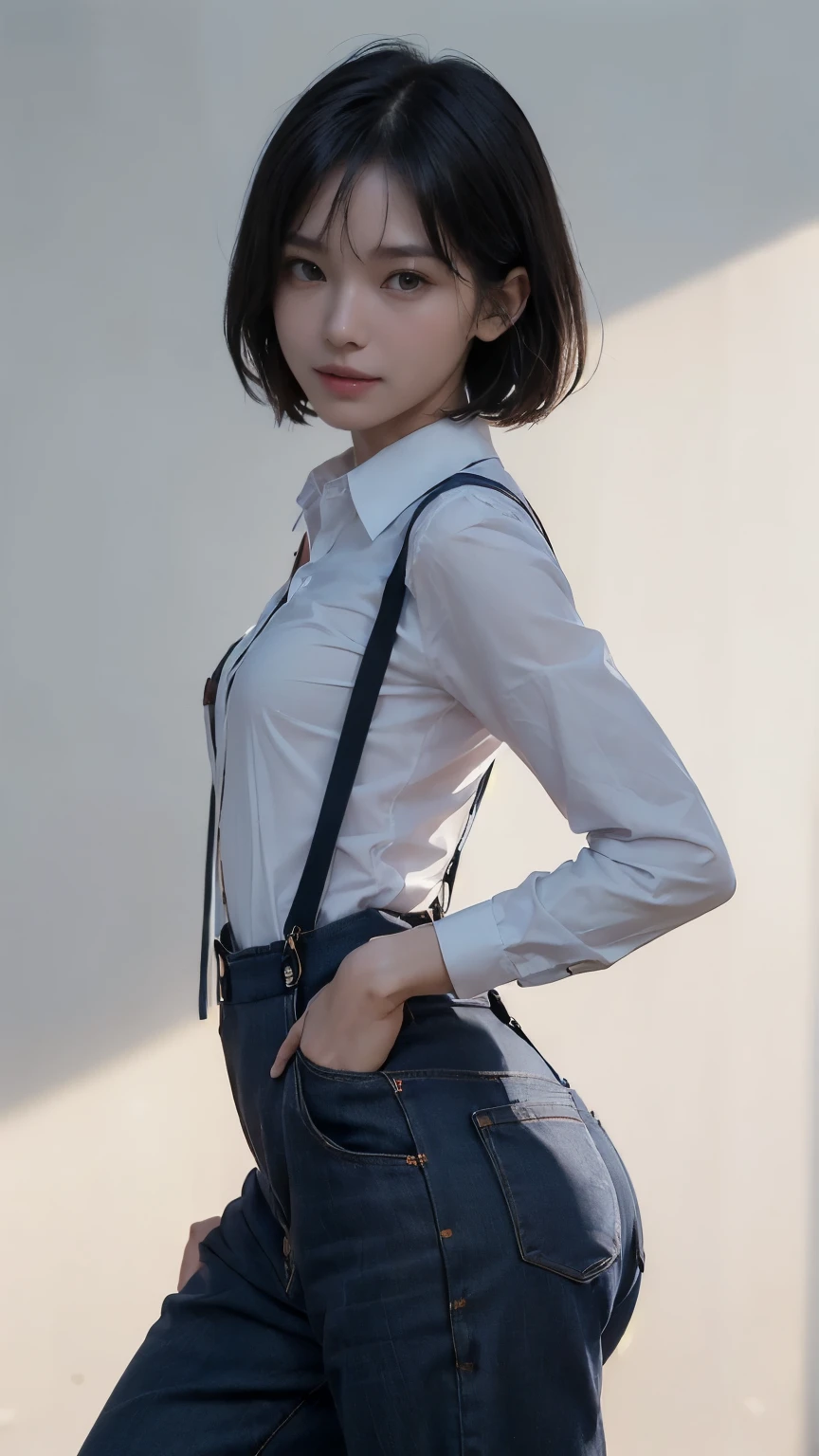 ((Face the front of your body at the camera:2.0)), ((Collared shirt:2.0, suspenders:2.0, pants:1.8)), (Clothing:2.0, Skinny jeans:2.0, suspenders under Collared shirt:2.0, A bow tie:1.2, sneakers:1.5), ((In town:1.5)), ((A grin:1.2, Small breasts:1.5, slender:1.5, Small Ass:1.5)), ((Japanese, 1 Girl, 18-year-old, 7 heads, Ideal body proportions, Black Hair, With bangs, Small breasts, Erect nipples, slender, Small Ass, Beautiful feet, Skinny Legs)), Surrealism, Cinematic Lighting, Depth of written boundary, First Person View, Boobs F/1.8, 135mm, Ticker, Mastepiece, Curate, ((Anatomically correct:1.3)), Textured skin, Super Detail, High detail, High quality, Awards, Best Quality, High resolution, 8K