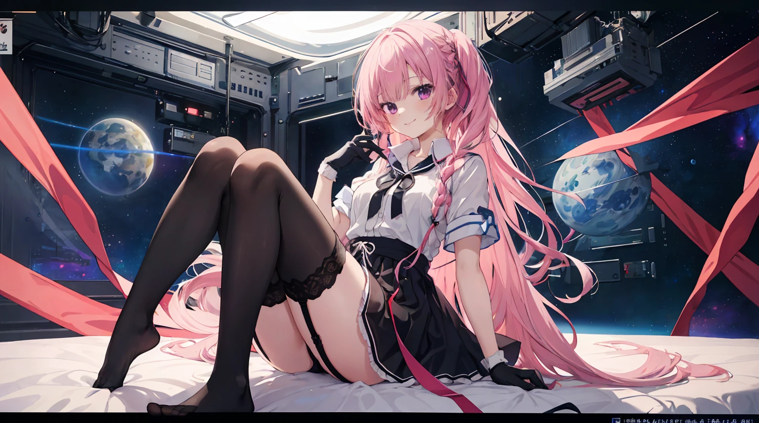 A girl,Solitary,Pink long hair,Moderate,Smile,Medium-length hair,Messy hair,Short sleeve,Short sleeve游戏服,Black skirt,Black stockings,Black gloves,Inside the spacecraft,on the bed,Glass Windows,Space background, Anime style 4k,black garter straps,No shoes,mitsukasa ayase、character-centered