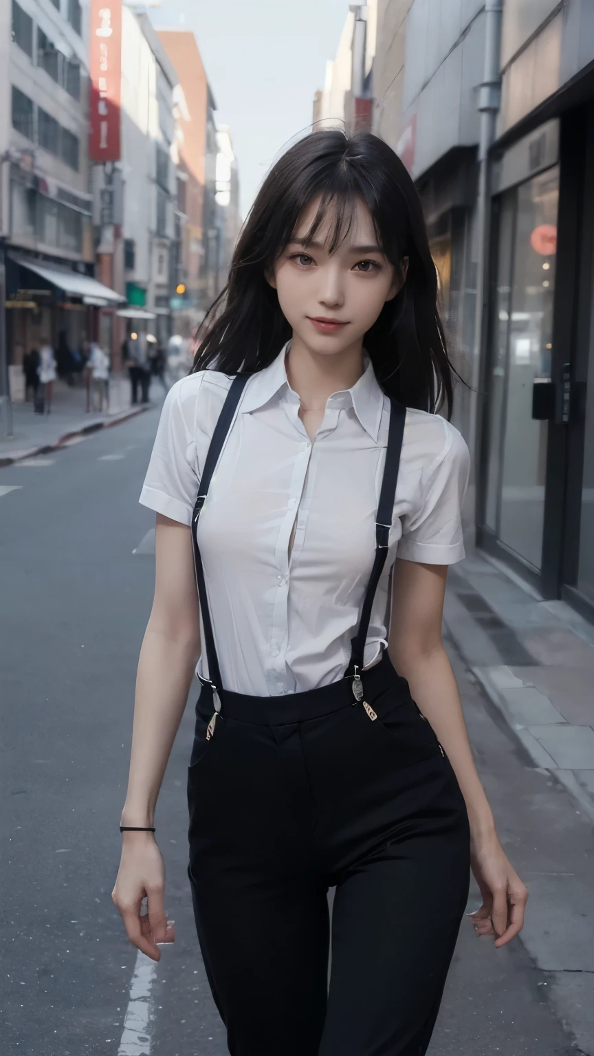 ((Face the front of your body at the camera:2.0)), ((Collared shirt:2.0, suspenders:2.0, pants:1.8)), (Clothing:2.0, Skinny jeans:2.0, suspenders under Collared shirt:2.0, A bow tie:1.2, sneakers:1.5), ((In town:1.5)), ((A grin:1.2, Small breasts:1.5, slender:1.5, Small Ass:1.5)), ((Japanese, 1 Girl, 18-year-old, 7 heads, Ideal body proportions, Black Hair, With bangs, Small breasts, Erect nipples, slender, Small Ass, Beautiful feet, Skinny Legs)), Surrealism, Cinematic Lighting, Depth of written boundary, First Person View, Boobs F/1.8, 135mm, Ticker, Mastepiece, Curate, ((Anatomically correct:1.3)), Textured skin, Super Detail, High detail, High quality, Awards, Best Quality, High resolution, 8K