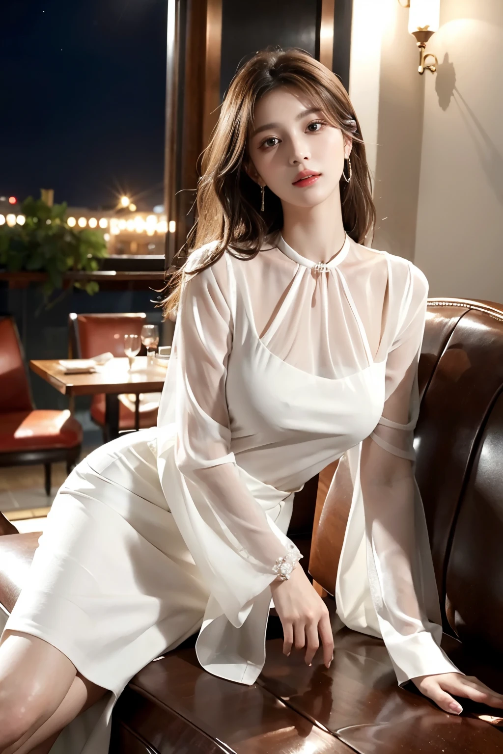 masterpiece, highest quality, Realistic, Very detailed, Finer details, High resolution, 8k wallpaper, One beautiful woman, Wear an elegant white see-through blouse, In a great restaurant, At night, Light brown messy hair, Perfect dynamic composition, Beautiful and beautiful eyes、Big earrings、Sitting in a chair、