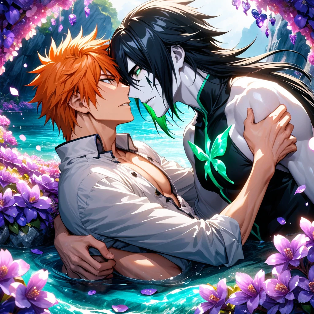 absurdres, highres, ultra detailed, HDR, master piece, best quality, pale skin, Ulquiorra Cifer, black hair, expressive green eyes, Bleach, Kurosaki Ichigo, orange hair, expressive brown eyes, two sexy men together, gay couple, yaoi, handsome, black and white clothes, magical, fantasy, shining, water, purple flowers, purple blossoms, purple butterflies, purple petals