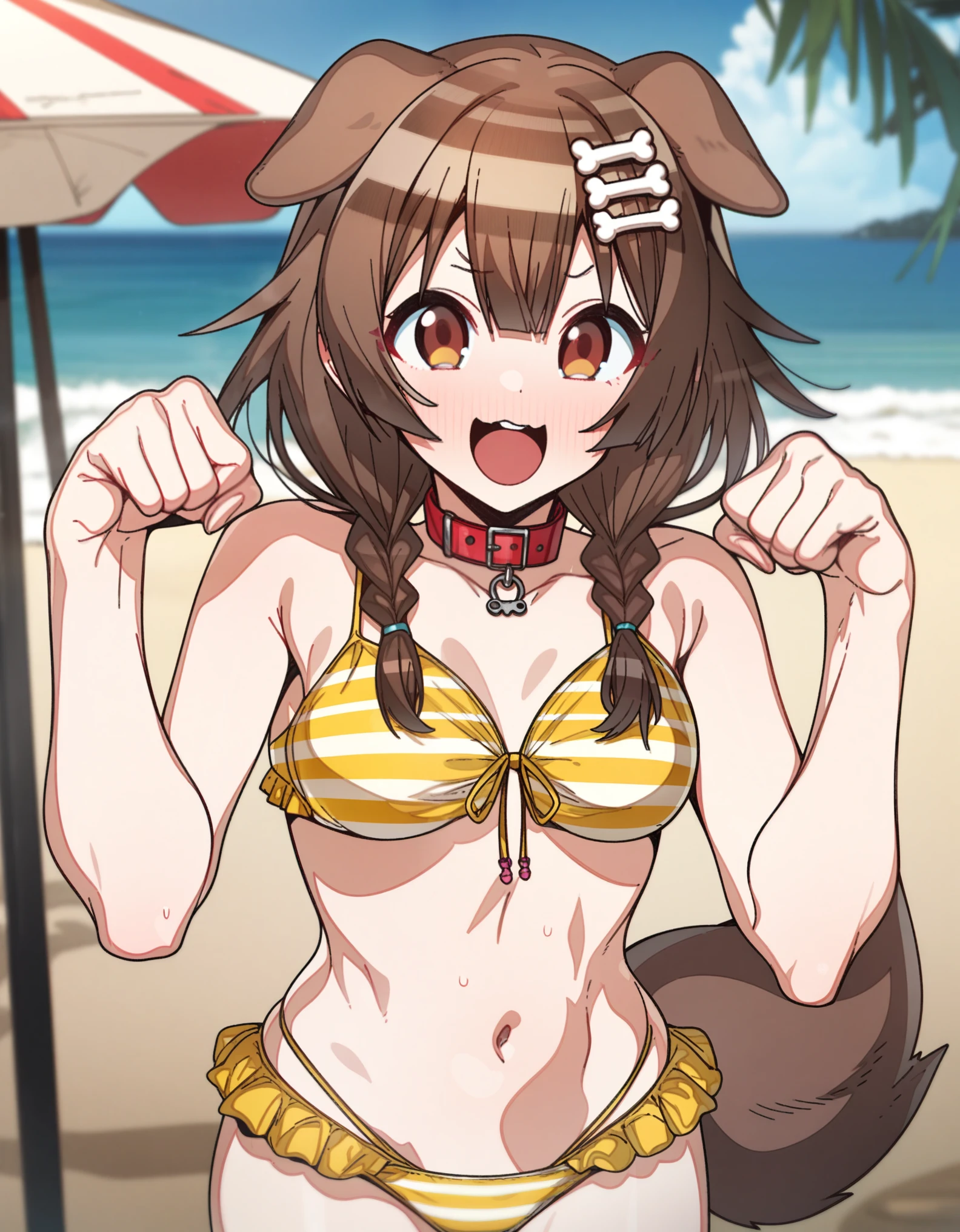 inugami_korone, Artist, erere, Copyrights, idolmaster, idolmaster_shiny_colors, Character, General, 1girl, brown_hair, blunt_bangs, blush, medium_breasts, breasts, smile, brown_eyes, censored, striped bikini, yellow_bikini, frilled_bikini, navel, dog_tail, animal_collar, twin_braids, dog_ears, bone_hair_ornament, raised_eyebrows, paw_pose, :d, teeth, raised_eyebrows, (standing in middle, beach_umbrella), sky, clouds, detailed, sand, outdoors, from_side, looking_at_viewer, masterpiece, best_quality, great_quality, girl, solo, center_composition, centered character, cute
