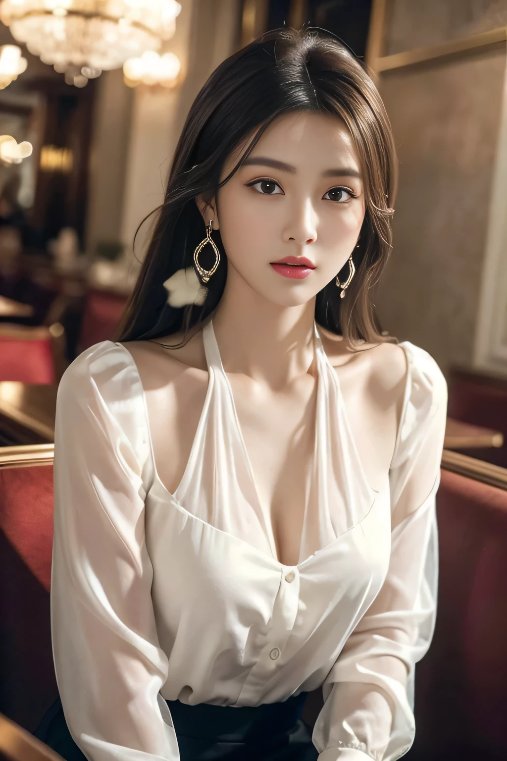 masterpiece, highest quality, Realistic, Very detailed, Finer details, High resolution, 8k wallpaper, One beautiful woman, Wear an elegant white see-through blouse, In a great restaurant, At night, Light brown messy hair, Perfect dynamic composition, Beautiful and beautiful eyes、Big earrings、Sitting in a chair、