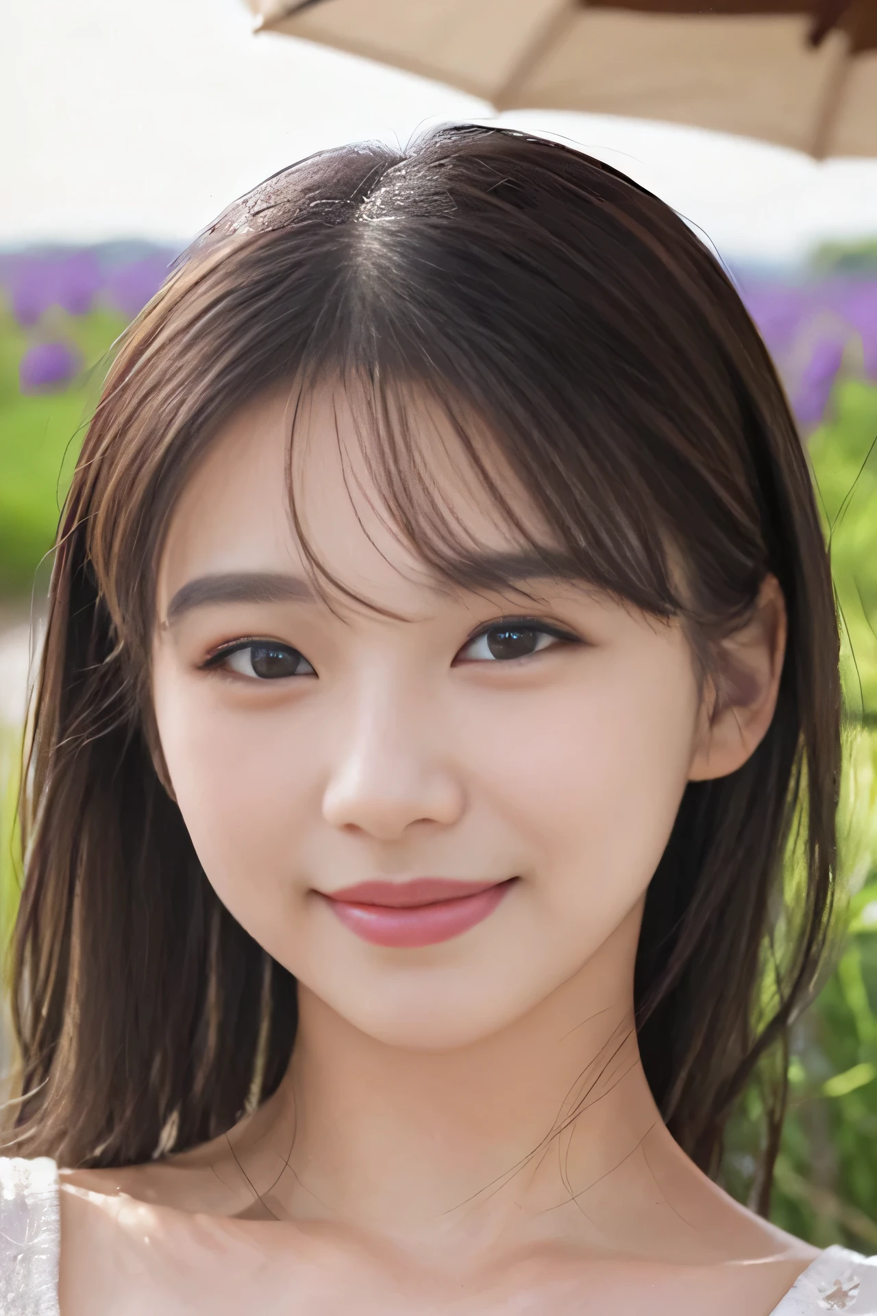 (Ultra high resolution), (Ultra high quality), (Ultra high definition), (Natural colors), (Vivid and clear description), (Japanese female idol), (Lavender field), (Sunrise), (Long (Shot), (Realistic lighting), (ISO400 1/60 sec-R90mm f2.0), (Smiling while looking at the camera), 1:1:1 ratio of the balance of the whole face, (Natural highlights and skin shadow), (detailed skin pores), (detailed skin texture), (lips have many fine wrinkles and are moist and smooth and shiny), oval contour, cute smile, eyes The eyes are large and double-sided, the ratio of the width of the eyes is 1:1:1, the tear bags are prominent, and the mouth features are that the upper lip is thin and the lower lip is plump.