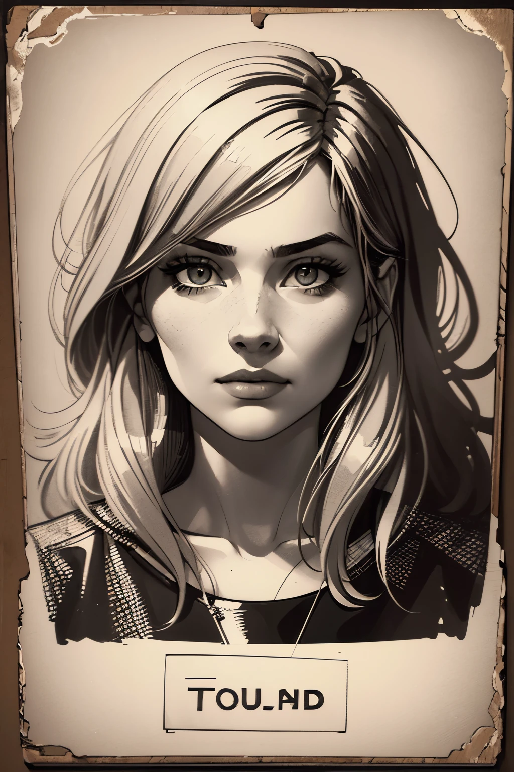 A girl in a mugshot, sketch, black and white, detailed features, vintage style, high contrast lighting, expressive eyes, tousled hair. (best quality, highres, realistic:1.37), vintage, monochrome, intense gaze, dramatic lighting, rugged background, distressed paper texture, retro vibes, id photo, front view