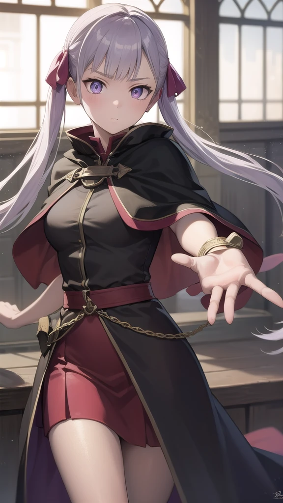 noellesilva, noelle silva, hair ribbon, long hair, (purple eyes:1.1), silver hair, twintails,
BREAK dress, white dress, capelet, skirt, purple skirt, (black capelet:1.5),
BREAK looking at viewer,
BREAK indoors,
BREAK (masterpiece:1.2), best quality, high resolution, unity 8k wallpaper, (illustration:0.8), (beautiful detailed eyes:1.6), extremely detailed face, perfect lighting, extremely detailed CG, (perfect hands, perfect anatomy),