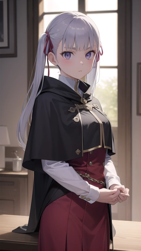 noellesilva, noelle silva, hair ribbon, long hair, (purple eyes:1.1), silver hair, twintails,
BREAK dress, white dress, capelet, skirt, purple skirt, (black capelet:1.5),
BREAK looking at viewer,
BREAK indoors,
BREAK (masterpiece:1.2), best quality, high resolution, unity 8k wallpaper, (illustration:0.8), (beautiful detailed eyes:1.6), extremely detailed face, perfect lighting, extremely detailed CG, (perfect hands, perfect anatomy),