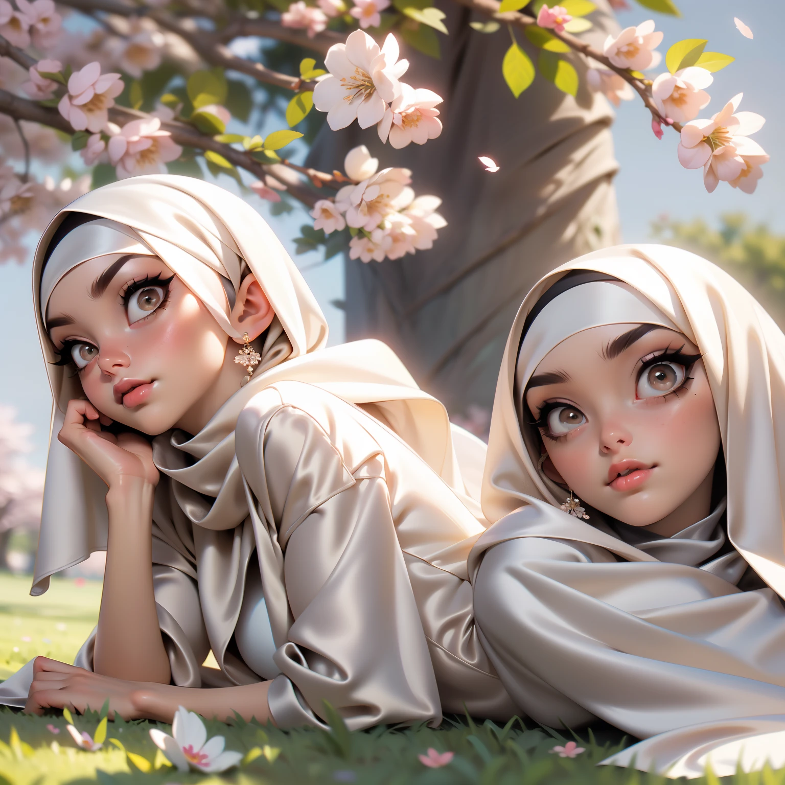3DMM, ((Masterpiece, best quality, photography)), detailed skin, realistic, photo-realistic, 8k, highly detailed, full length frame, High detail RAW color art, diffused soft lighting, shallow depth of field, sharp focus, hyperrealism, cinematic lighting, hijab, a woman beautifully makeup, bold eyeshadow, beautiful big eyes, Brown eyes, long eye lashes, chubby, wearing ((beige satin hijab), ((gray satin shirt)), ((satin long dress)), lying on grass, under tree, sakura garden