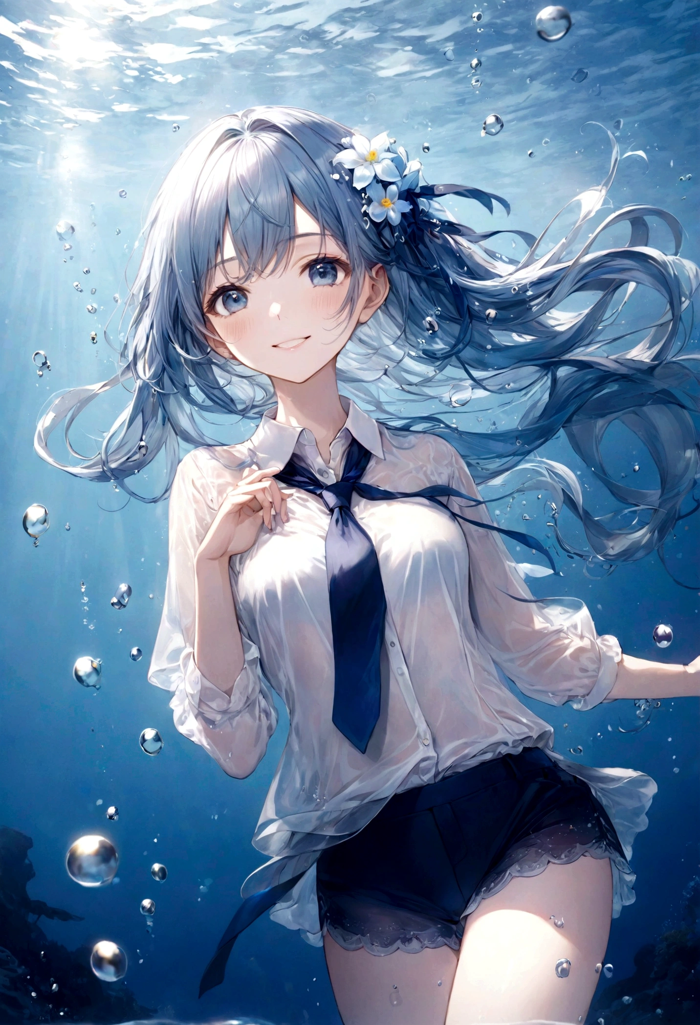 (top-quality)), ((masterpiece)), ((ultra-detailliert)), (extremely delicate and beautiful), bright sky blue hair, watery hair, bright sapphire eyes, fair skin, beautiful woman, sheer white shirt, sheer silky navy blue shorts, navy blue ribbon tie, pearl decorations, underwater world, cold background, air bubbles, water bubbles, underwater, sweet smile, relaxed expression, delicate wavy long hair, blue and white flowers in the water, natural appearing hands