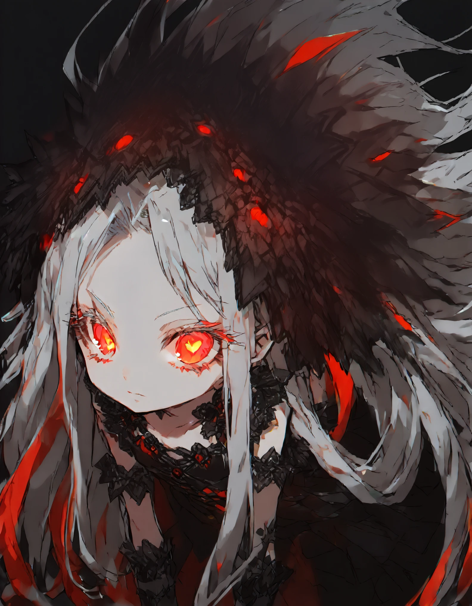 1 person(Sketches)Goth Girl (Young Girl:1.5)Small breasts(Small body:1.5)Silver Hair (Long Hair:1.4)(eye shadow:1.3)(Eyelashes:1.2)Afterglow(Red glowing eyes), (Big Hair) Original costume girly dress(fringe)(More about the Strand), (Black Background)Leaning forward