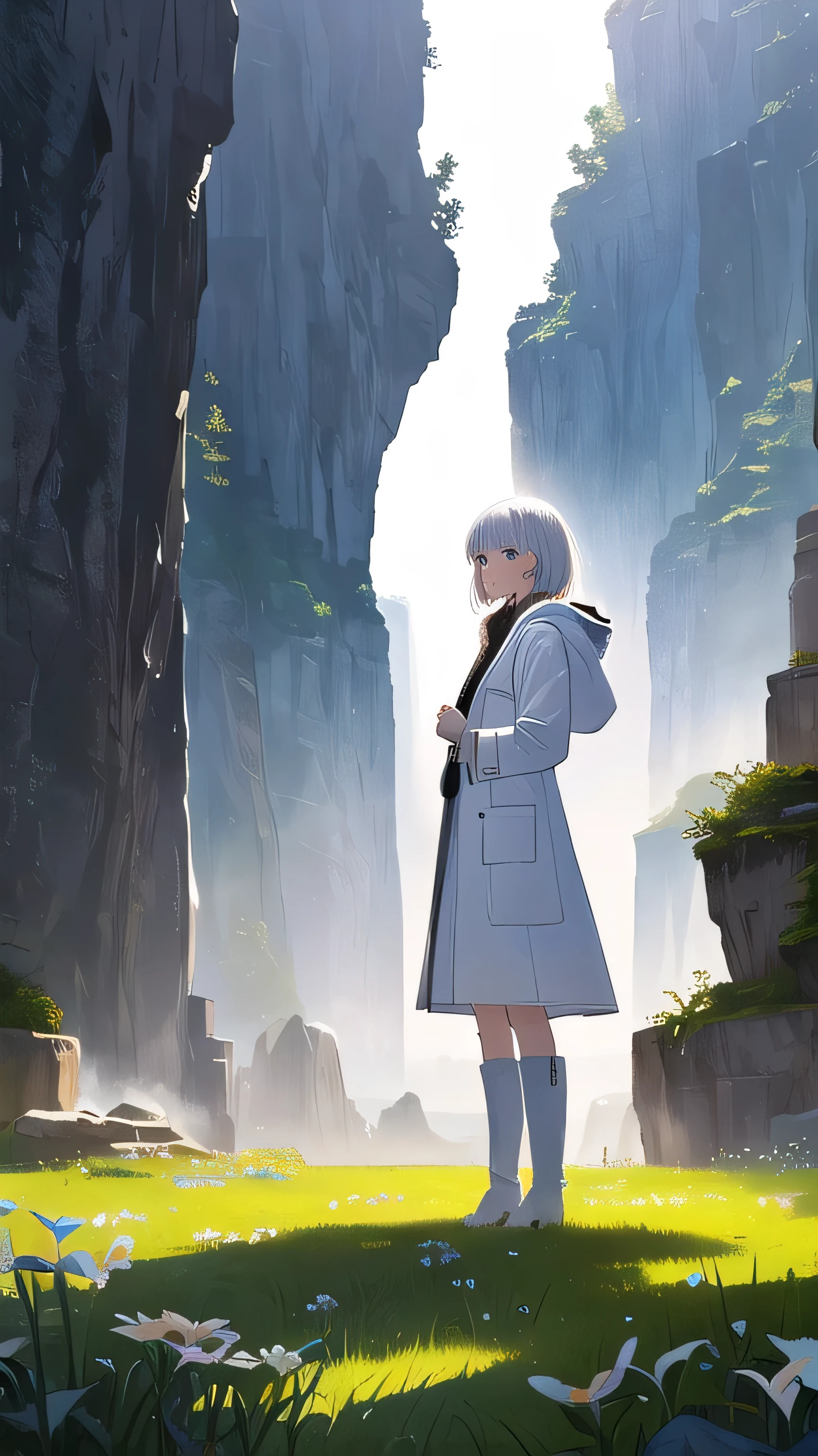 ((best quality)), ((masterpiece)), ((ultra-detailed)), (illustration), (detailed light), (an extremely delicate and beautiful),
incredibly_absurdres,(ray tracing),light particle,
((solo:1.8)),(1girl:1.5),((a beautiful girl)),(((full body shot))),((standding)),(facing away),(((white coat))),((beautiful white dress+white knee boots)),((Belts)),(white scarf),(leg loops),(((long white_hair))),
((beautiful sky)),(scenery),((grassland)),((mountain)),((canyon)),((waterfall)),(cloud),((nature)),(grass),((fog)),(flower),(stone),(rock),(sunlight) ,