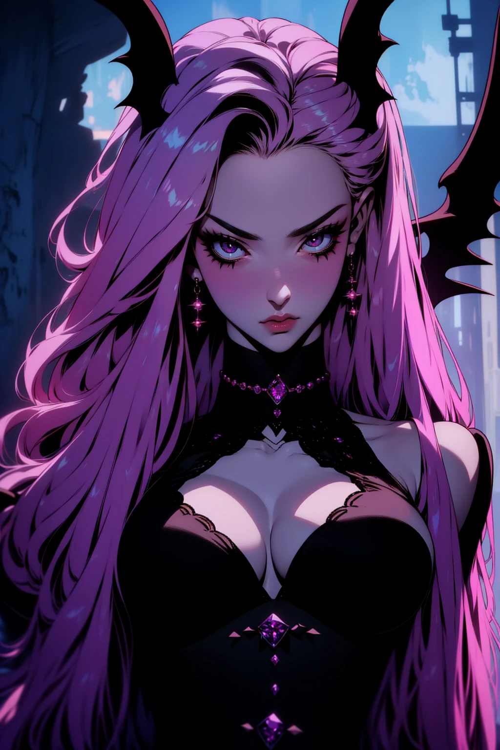 {-erro_de_anatomia:1.0} (best quality,4k,8k,highres,masterpiece:1.2) (masterpiece, top quality, best quality, official art, beautiful and aesthetic: 1.2), (1 woman: 1.3) Succubus girl, long black , magenta eyes, (crystal eyes) succubus wings, magenta pant, magenta gloves,  attractive, moonlight, dinamic poses,  perfect hands (perfect fingers), angry face, dinamicc poses