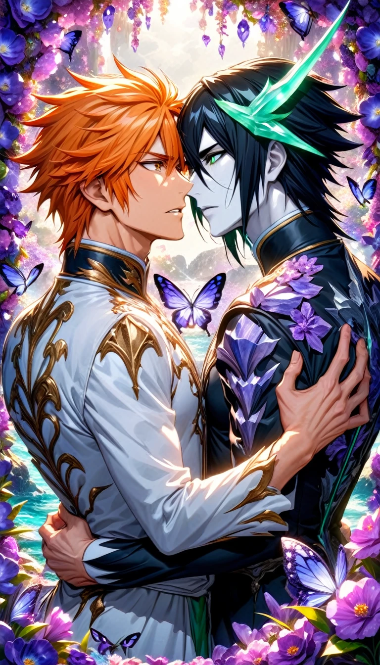 absurdres, highres, ultra detailed, HDR, master piece, best quality, pale skin, Ulquiorra Cifer, black hair, expressive green eyes, Bleach, Kurosaki Ichigo, orange hair, expressive brown eyes, two sexy men together, gay couple, yaoi, handsome, black and white clothes, magical, fantasy, shining, water, purple flowers, purple blossoms, purple butterflies, purple petals