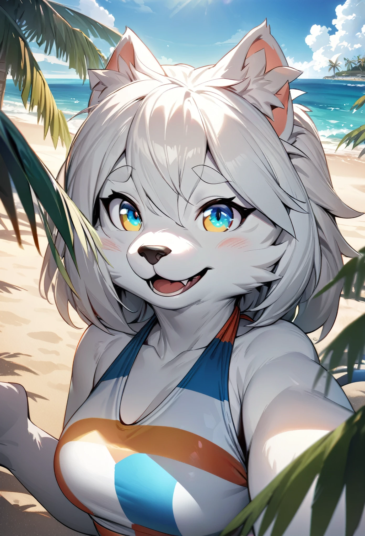 top quality, best quality, High-quality illustrations, masterpiece, super high resolution, detailed background, detailed background, Mare, horizon, Palm trees, beach, Midsummer sunshine, swim wears, Happy, joyful, absurdres(highly detailed beautiful face and eyes)perfect anatomy(Photos taken with friends)(kemono, furry anthro)selfie,