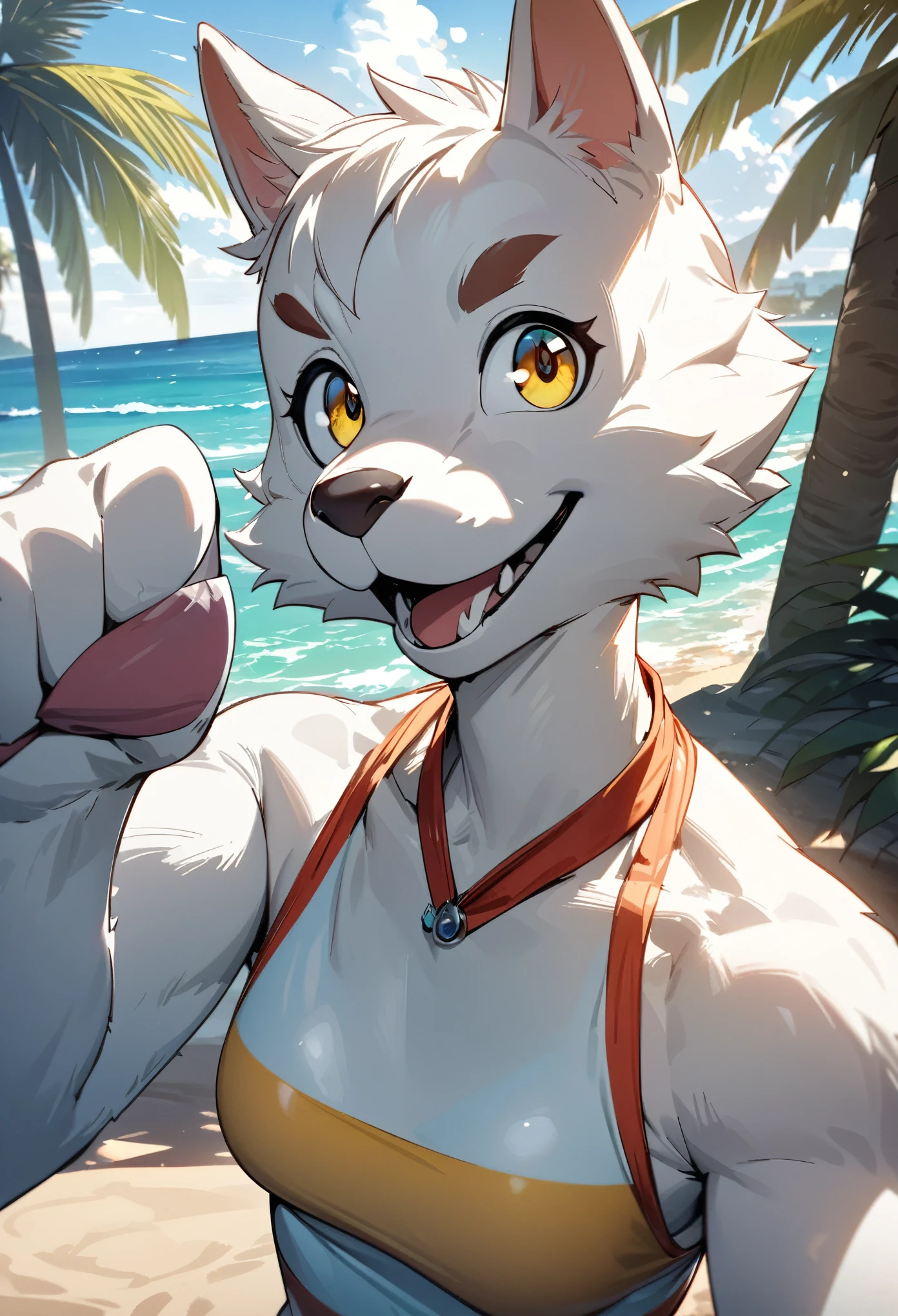 top quality, best quality, High-quality illustrations, masterpiece, super high resolution, detailed background, detailed background, Mare, horizon, Palm trees, beach, Midsummer sunshine, swim wears, Happy, joyful, absurdres(highly detailed beautiful face and eyes)perfect anatomy(Photos taken with friends)(kemono, furry anthro)selfie,