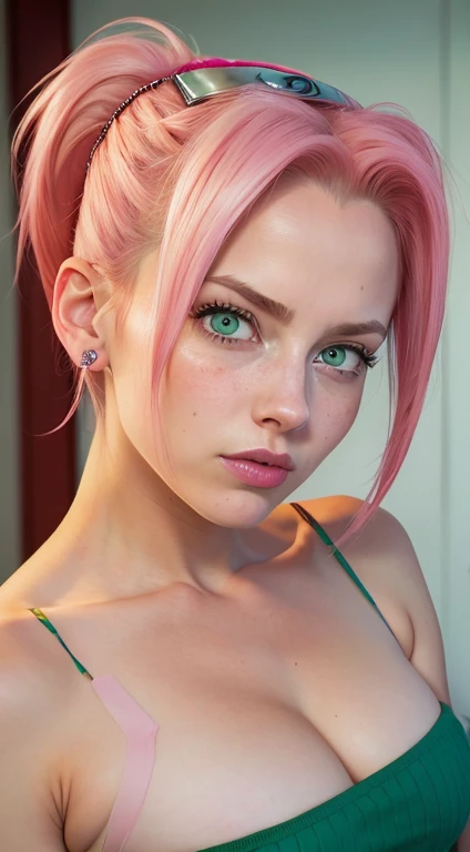 young woman, bubblegum pink hair tied in a bun, wide forehead, porcelain skin, pink eyebrows, emerald green eyes, upturned nose, thick pink lips, heart-shaped face, dark red clothes, Sakura Haruno, realism, well detailed, 3d