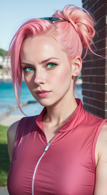 young woman, bubblegum pink hair tied in a bun, wide forehead, porcelain skin, pink eyebrows, emerald green eyes, upturned nose, thick pink lips, heart-shaped face, dark red clothes, Sakura Haruno, realism, well detailed, 3d