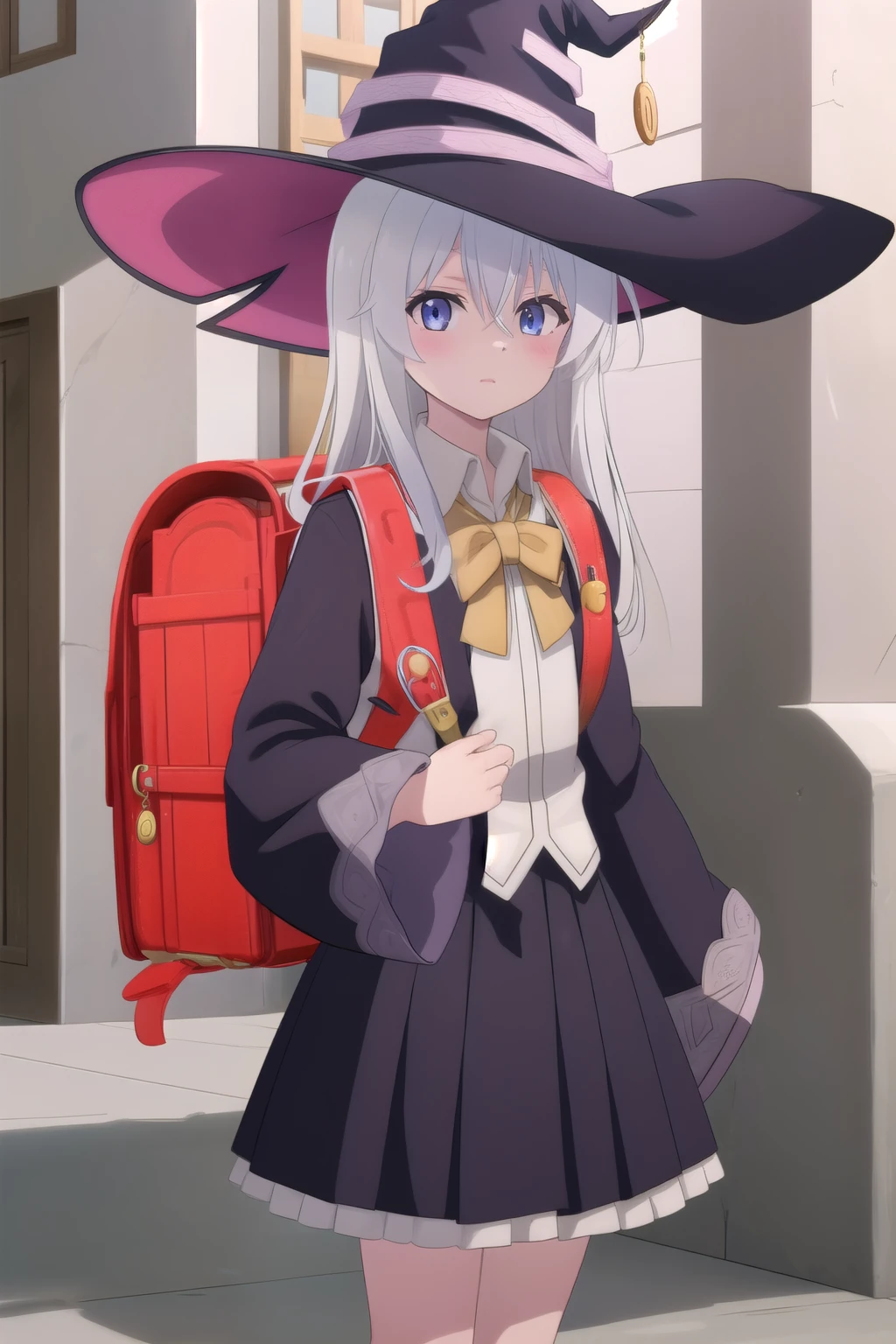 Masterpiece, hd
elaina, witch, wizard, elaina \(majo no tabitabi\), cosplay, 1girl, solo,
open robe, collared shirt, long sleeves, wide sleeves, pleated skirt, witch hat, bowtie, frilled skirt,
jewelry, badge,
long hair, bangs, hair between eyes, grey hair, hair ribbon, hair bow,
looking at viewer, cowboy shot, standing,
Outdoor, day,
Wearing red backpack, (backpack:1.2)