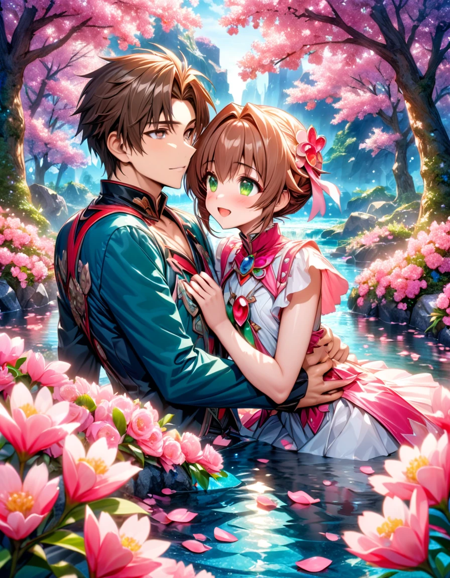 Ultra detailed, Highres, absurdres, HDR, master piece, Kinomoto Sakura, brown short hair, expressive green eyes, Shaoran Li, brown hair, expressive brown eyes, Sakura Card Captor, a handsome boy together with a beautiful girl, couple, love, extremely detailed eyes and face, water, pink flowers, blossoms, petals, sexy, fantasy, magic clothes,