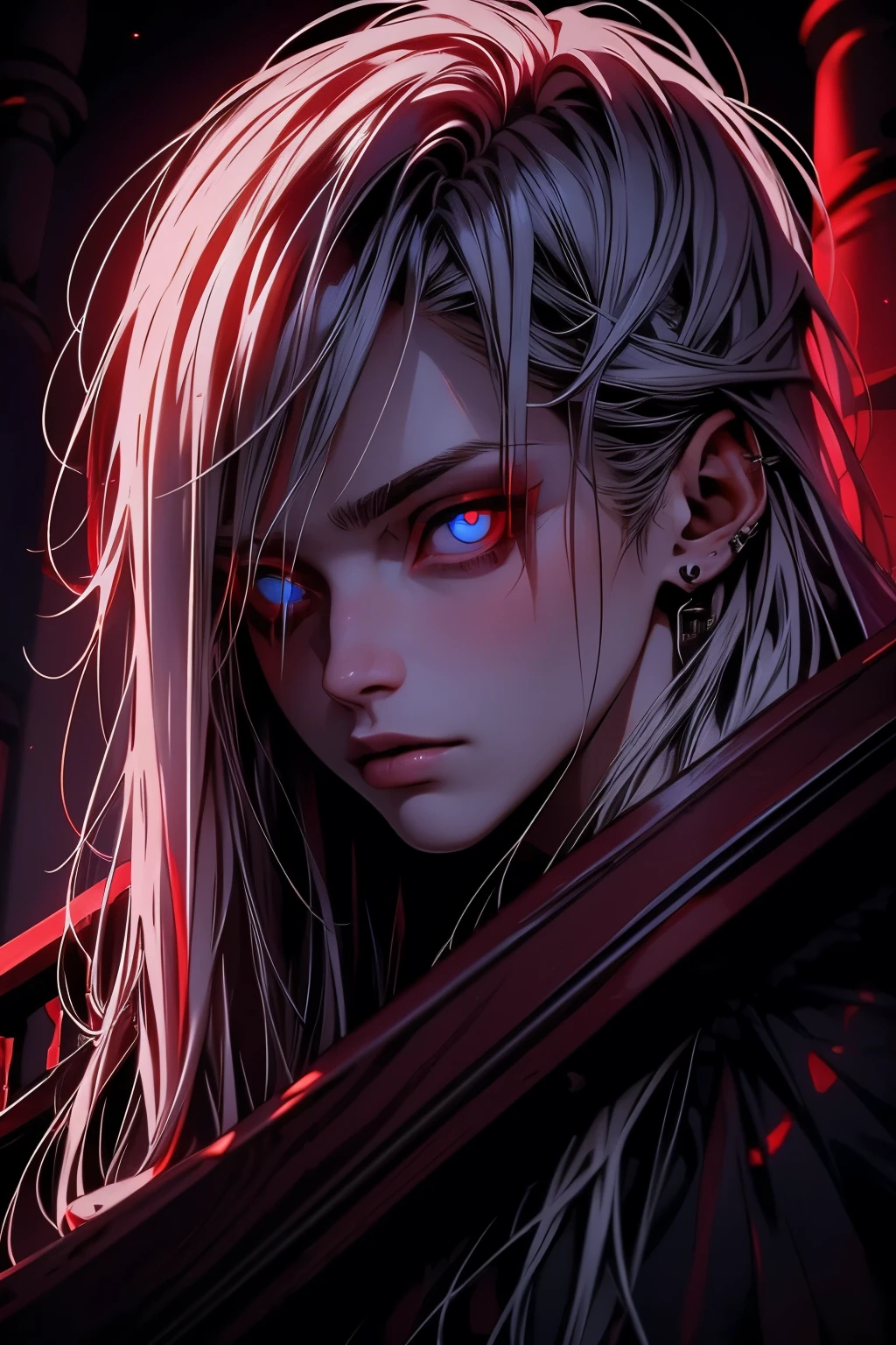 A young and cute boy, emo-style with long white hair, standing in a sexy pose, luxurious modern balcony scene, ((twilight)), vibrant red details, glowing eyes, highly detailed, 8k, photorealistic, cinematic lighting, dramatic shadows, hyper-realistic