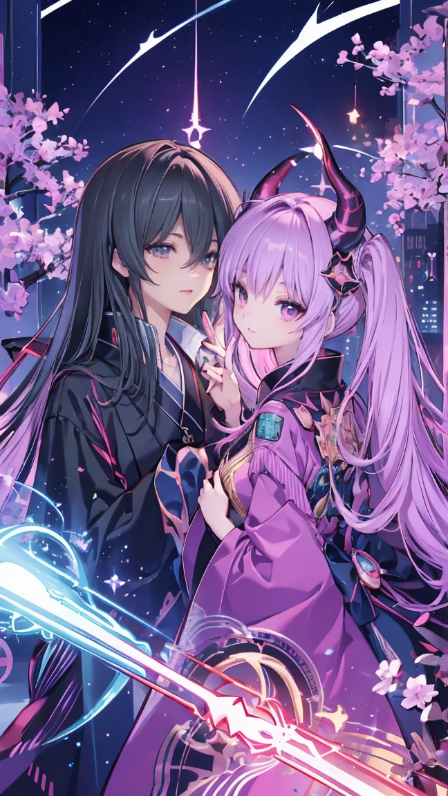 Japanese anime style.
Hong Kong cityscape at night.
A cute magical girl and a cool male demon king are enjoying the Parapara dance...
[Cute Magical Girl Special]
Long light green twin tails.
Beautiful hair accessories, but、Ugly but cute mascot characters also appear.
She has a shiny magic wand with a big jewel on it.
[Characteristics of a male demon king]
He is handsome, Mature men in their 30s.
The head has horns、Her hair is very long、It is reddish purple。.
He is wearing a cool long coat, It comes with something like a mascot character....
Large bat-like wings growing from its back..
Next to him is a small, Cute dragon-like monster..