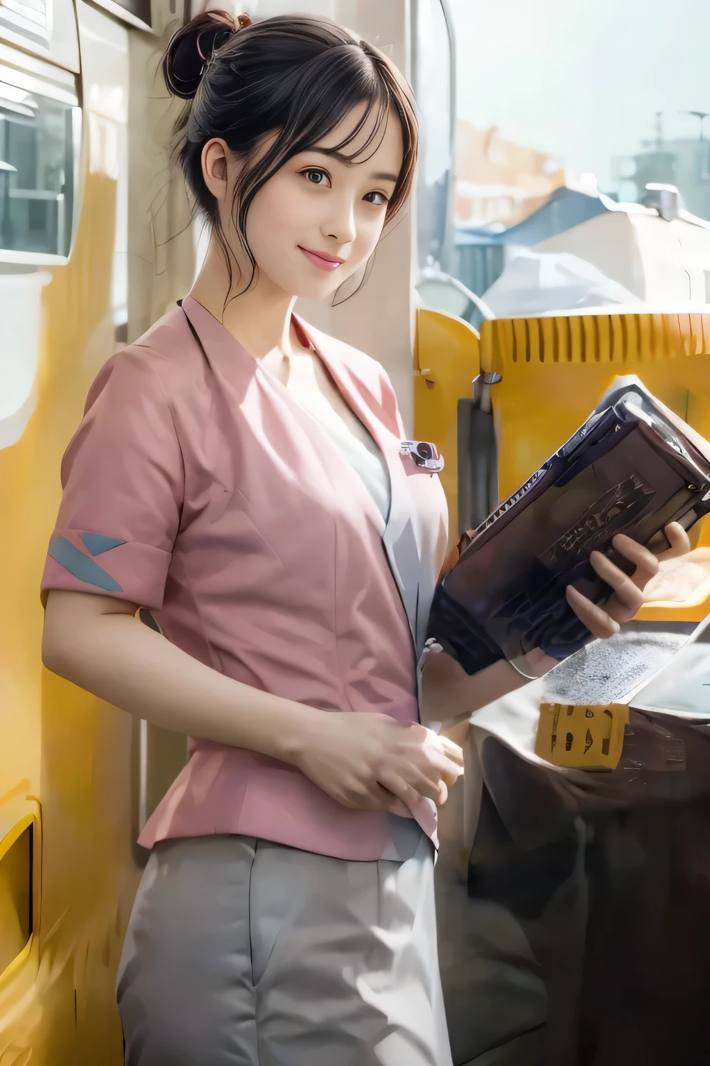 (masterpiece:1.2, highest quality:1.2), 32K HDR, High resolution, (alone、1 girl)、(On the rooftop of a building in the daytime、Professional Lighting)、Building rooftop background、(Nankai train crew uniform pinkを着たリアルスタイル)、(Nankai train crew uniform pink short sleeve pink jacket、Nankai Train Crew Uniform Pink Collarless Short Sleeve Blouse、Nankai Train crew uniform pinkのグレー色のキュロットスカート)、Dark brown hair、(Hair tied up、Hair Bun、Hair Bun)、Dark brown hair、Long Shot、Big Breasts、Thin legs、((Great hands:2.0)),((Harmonious body proportions:1.5)),((Normal limbs:2.0)),((Normal finger:2.0)),((Delicate eyes:2.0)),((Normal eyes:2.0)))、smile、(Nankai Train crew uniform pinkのグレー色のキュロットスカートを見せた美しい立ち姿)、Put your hands down、I have nothing in my hands