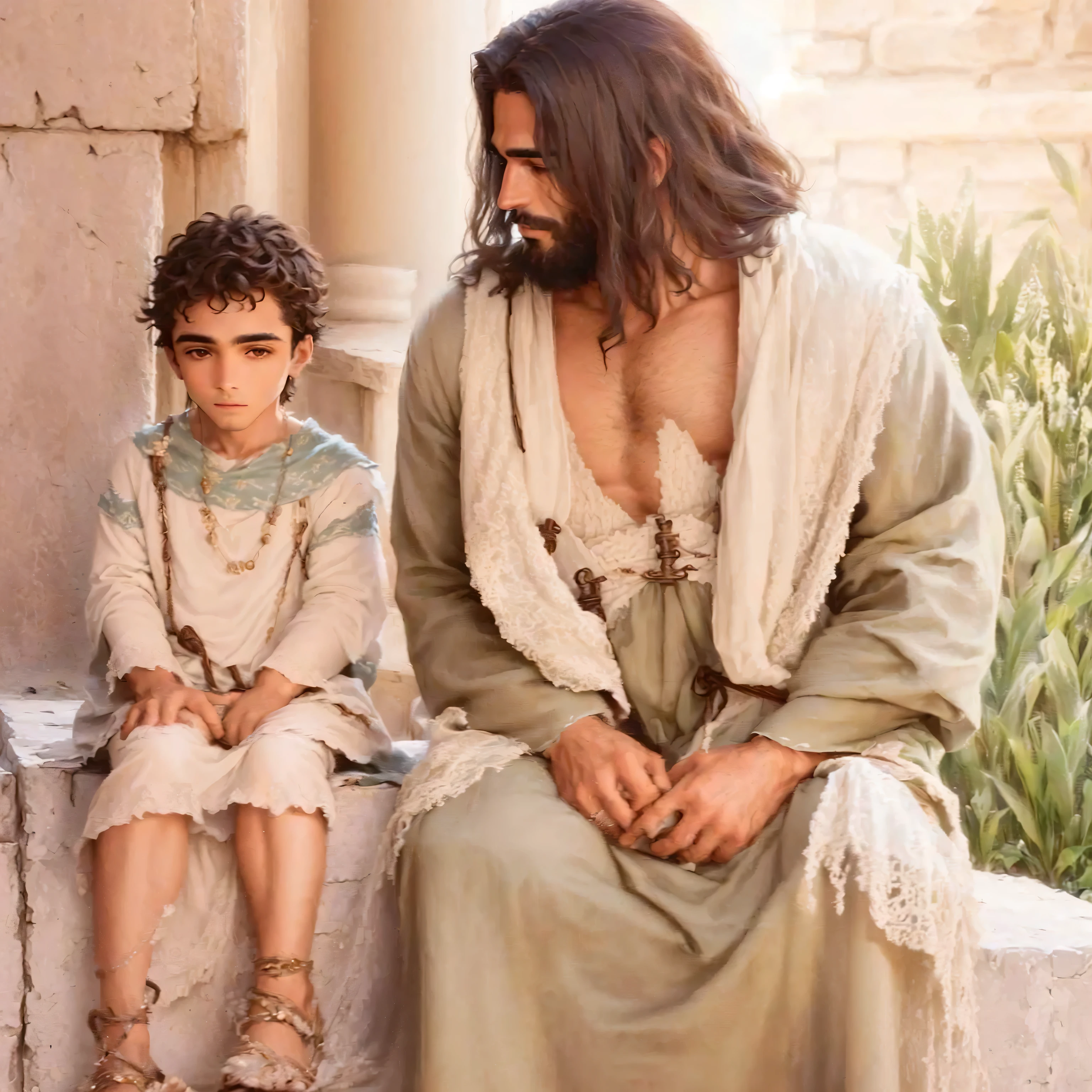 homem arafiado sentado em um banco de pedra com um , dressed like Jesus Cristo, Jesus Cristo, ele tem um tesouro com ele, a cena mais linda, with a , o senhor e salvador, beautiful image already created, Beautiful representation, jesus, Jesus of Nazareth, Absolutely remarkable image, He is the goodness in Manking, obra-prima muito bonita