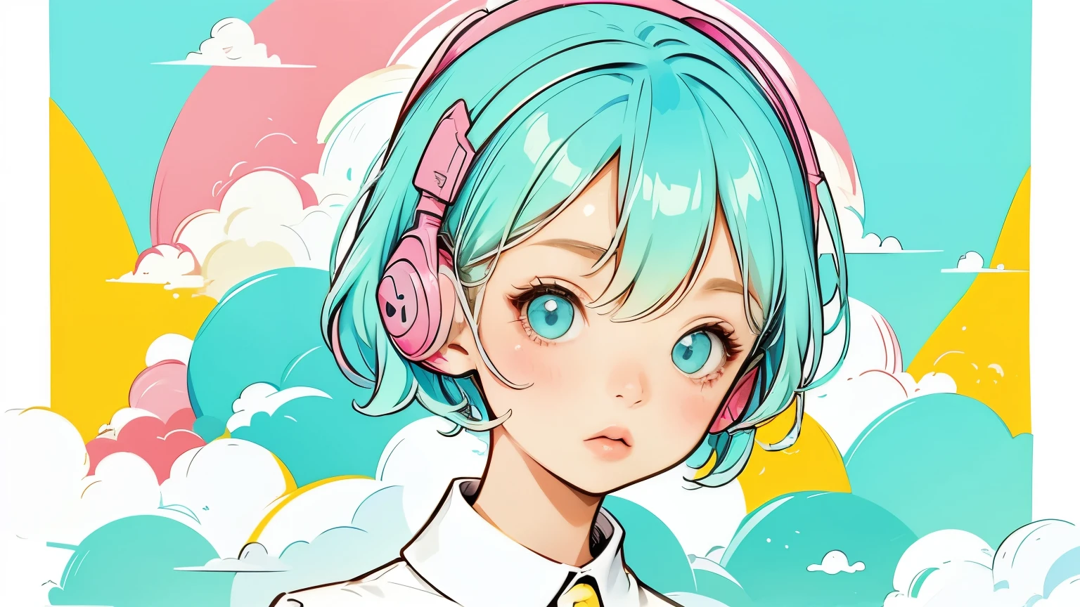 head set, Vibrant art,pop、bright、colorful, 1 female, Light blue hair,　short hair、Happy,cute, animation style, kawaii, clearly, colorful cyberpunk, bubblegum pop, cute、Pink and light blue as main colors、Headphonesをしている、Headphones、music、