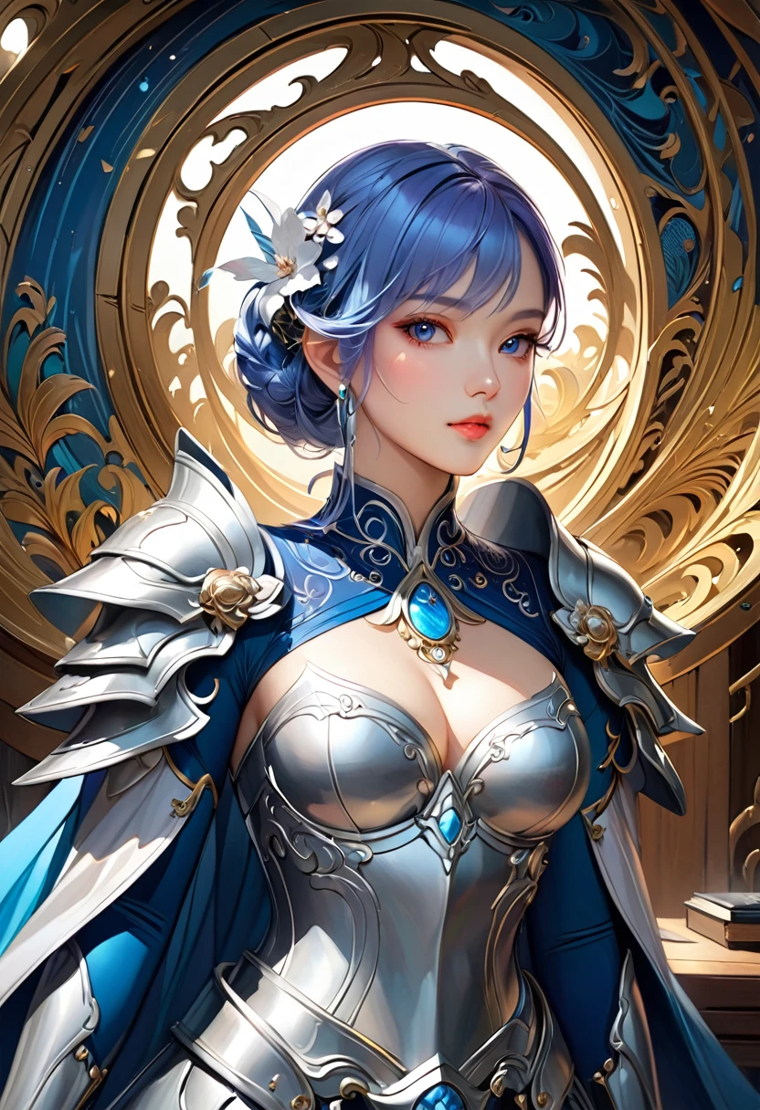 Detailed portrait of a young woman in a silver and blue dress, close, Art Station by Chen Wei Pan, Jan J, intricate fantasy art, Amazing character art, Top quality Art Station fan art, Magnificent and elaborate character art, Beautiful Armor, Very exquisite work of art, Detailed digital anime art, artgerm&#39;s art station pixiv, Armored Girl, Buckshot, whole body.