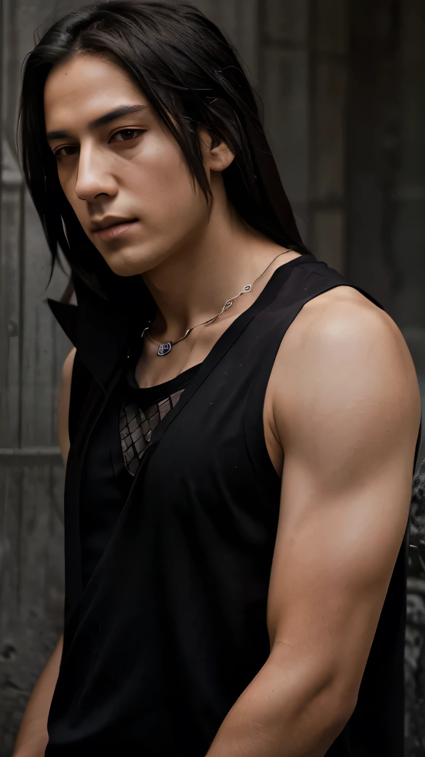 The image features a young itachi uchiha contemplative expression. He has long, dark hair and is wearing a black tank top that reveals his muscular chest. A silver necklace is visible around his neck. His gaze is directed off to the side, suggesting a moment of thought or introspection. The background is nondescript, focusing attention on the subject.