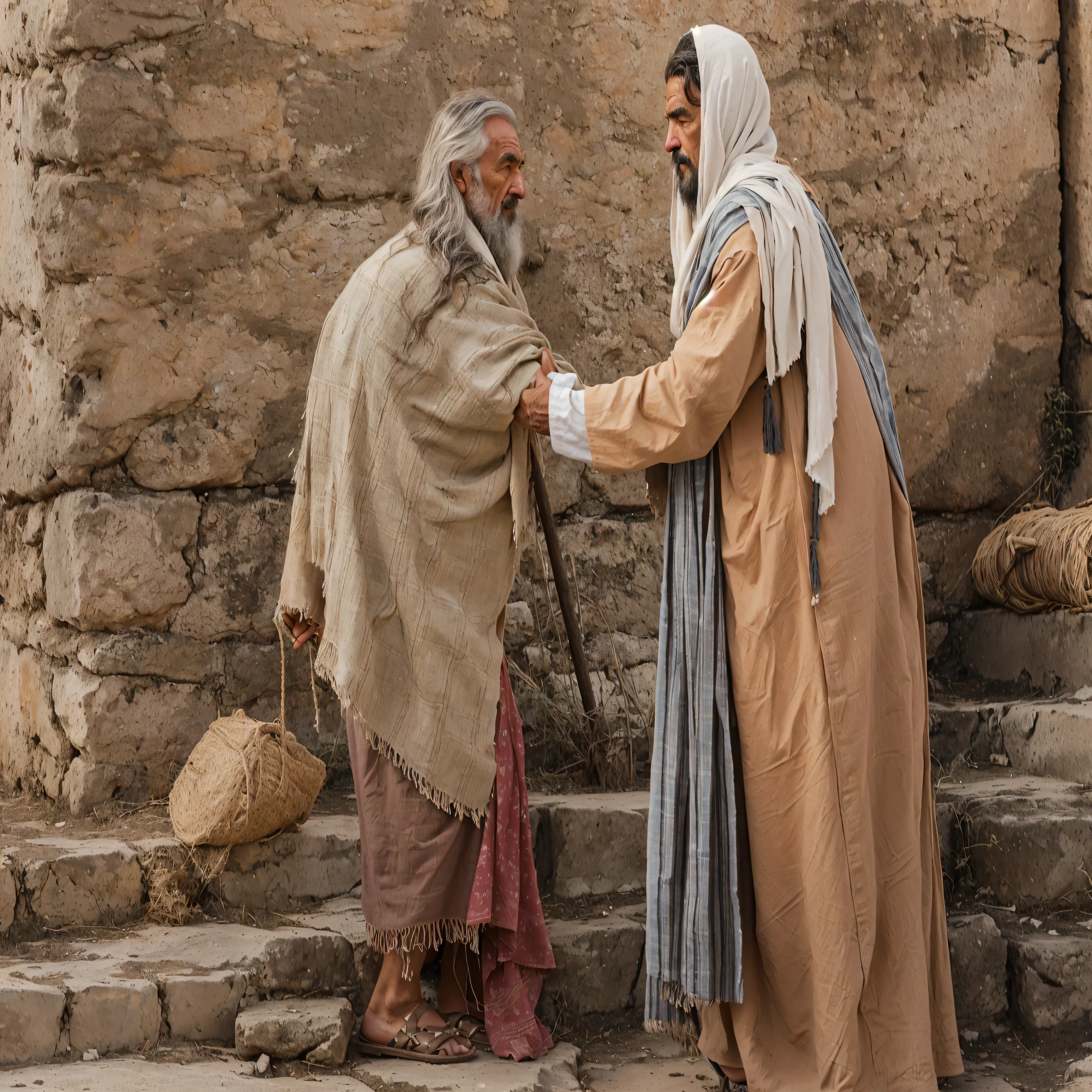 wired man and woman standing on steps in front of a stone wall, Nicodemos, jesus hugging a woman, Filme 368k, por Scott M. Fischer, by Jason Felix,Numa pequena aldeia escondida entre colinas verdejantes, havia um ar de desespero. As pessoas da aldeia estavam cansadas e famintas, their lands were no longer fertile, and diseases had taken over their fragile bodies. Mas, on a blessed day, uma luz brilhante surgiu no horizonte, e com ela veio Jesus Cristo, Bringing hope and joy. por Richard Hess, tranquilizador, José and José, por Harold Von Schmidt, Absolutely remarkable image, Filme 16384k, reconfortante e familiar
