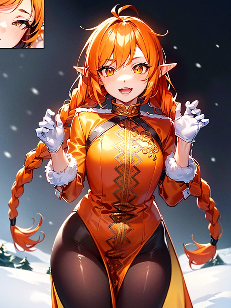 cute  elf,(((little ,tiny little body,little))),(((6 years old))),((anime elf  with extremely cute and beautiful orange hair)), (((elf))), (((elf ears))),

(((flat chest))),((((black hair:1.35,messy orange hair,long hair,huge braids,colored inner hair,ear breathing)))),(((orange_eyes:1.3))),intricate eyes,beautiful detailed eyes,symmetrical eyes,big eyes:1.5,(((lustrous skin:1.5,bright skin: 1.5,skin tanned,shiny skin,very shiny skin,shiny body,plastic glitter skin,exaggerated shiny skin,illuminated skin))),(detailed body,(detailed face)),

cute,slutty,erotic,daring,(((nsfw))),

zettai ryouiki,revealing clothing,show skin,(((Sexy orange coat, orange coat outfit, wearing a orange coat:1.3,orange winter coat))), ((orange mini-skirt,orange mini skirt with furry edge,visible thong straps)),(white gloves,orange clothes,semi-naked,with little orange clothing,((((furry edge clothing)))),(((intricate outfit,intricate clothes,embroidered outfit,ornate outfit))),

(dynamic pose:1.0),embarrassed,(centered,scale to fit dimensions,Rule of thirds),

((snowy pine forest at night)),with dark stormy clouds,winter,scenery:1.25,((snow forest background)),Christmas tree,

highres,sharp focus,(ultra detailed,extremely detailed),(photorealistic artwork:1.37),(extremely detailed CG unity 8k wallpaper),(((vibrant colors,vibrant theme))),(intricate),(masterpiece),(best quality),