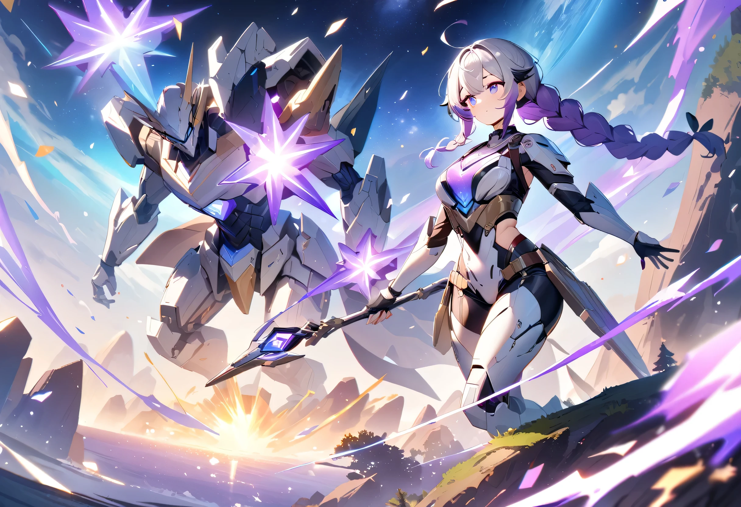 two Character, a yinji and robot, A yinji from the Cryptic Star with long flowing purple_hair, grey_hair,braided_ponytail, and glowing purple_eyes dressed in an white high-tech armor suit adorned with cosmic symbols wielding an ancient staff brimming with celestial energy standing at the edge of a cliff overlooking a vast galaxy, A loyal companion a small, sentient robot with a sleek metallic body and expressive blue eyes, (hovering beside:1.2) her, The cliff is part of an alien planet with glowing flora and strange rock formations, The scene is illuminated by a radiant nebula casting a mystical light on the characters creating a sense of adventure and cosmic wonder, In a highly detailed and vibrant anime style, masterpiece, best quality, very aesthetic, absurdres