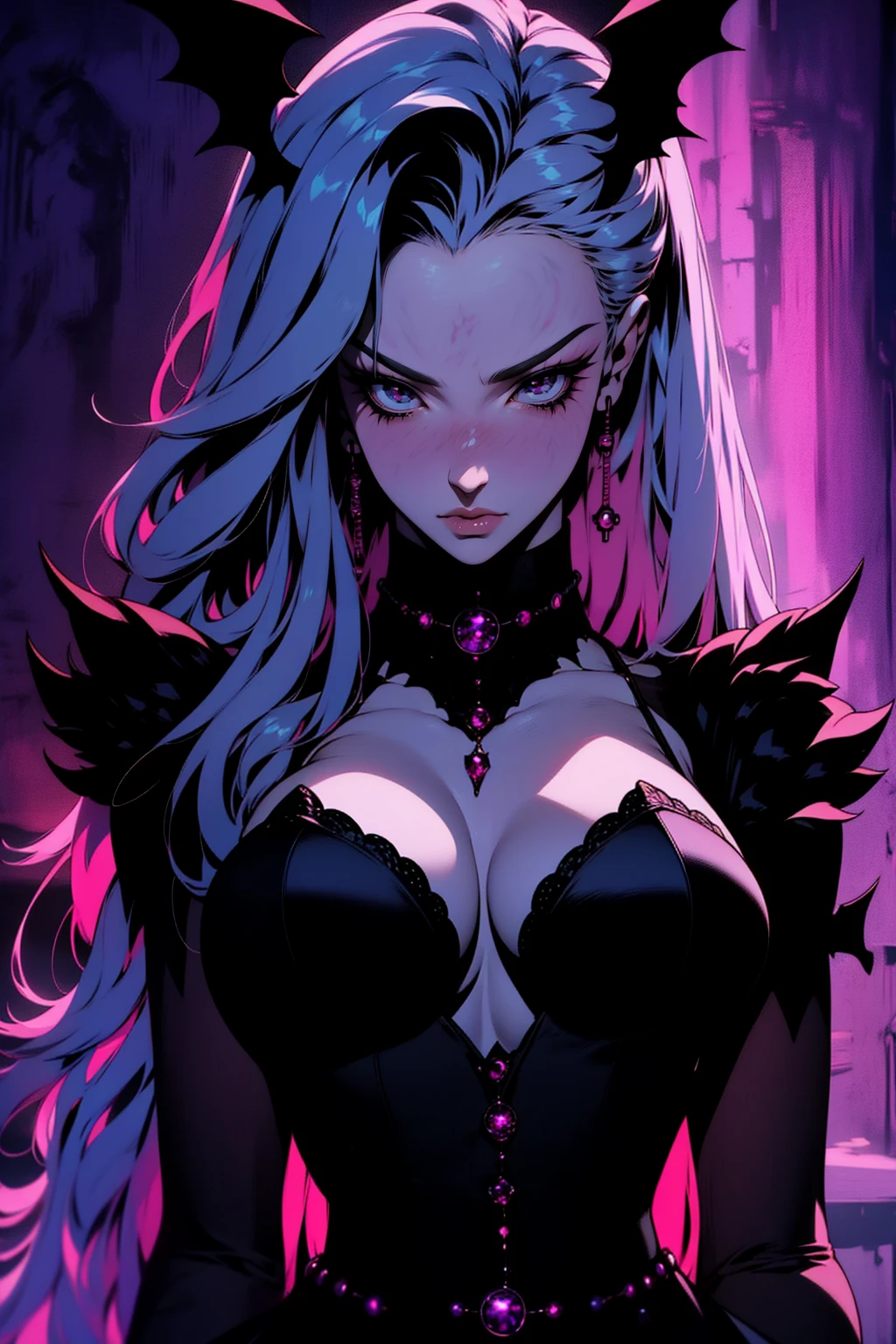 {-erro_de_anatomia:1.0} (best quality,4k,8k,highres,masterpiece:1.2) (masterpiece, top quality, best quality, official art, beautiful and aesthetic: 1.2), (1 woman: 1.3) Succubus girl, long black , magenta eyes, (crystal eyes) succubus wings, magenta pant, magenta gloves,  attractive, moonlight, dinamic poses,  perfect hands (perfect fingers), angry face, dinamicc poses