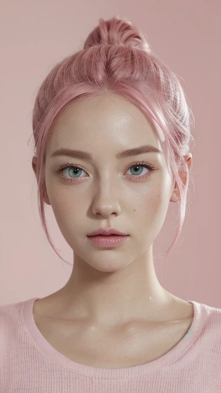 young woman, bubblegum pink hair tied in a bun, wide forehead, porcelain skin, pink eyebrows, emerald green eyes, upturned nose, thick pink lips, heart-shaped face, dark red clothes, Sakura Haruno, realism, well detailed, 3d
