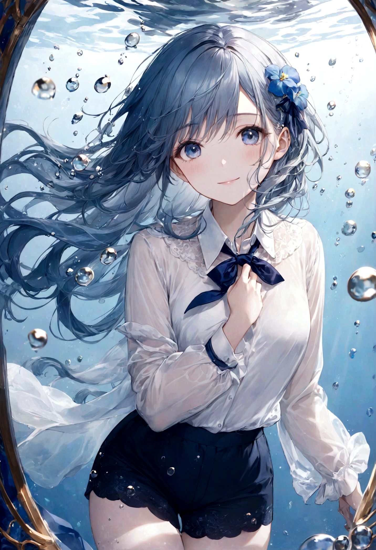 (top-quality)), ((​masterpiece)), ((ultra-detailliert)), (extremely delicate and beautiful), bright sky blue hair, watery hair, bright sapphire eyes, fair skin, beautiful woman, sheer white shirt, sheer silky navy blue shorts, navy blue ribbon tie, pearl decorations, underwater world, cold background, air bubbles, water bubbles, underwater, sweet smile, relaxed expression, delicate wavy long hair, blue and white flowers in the water, hands hidden from view
