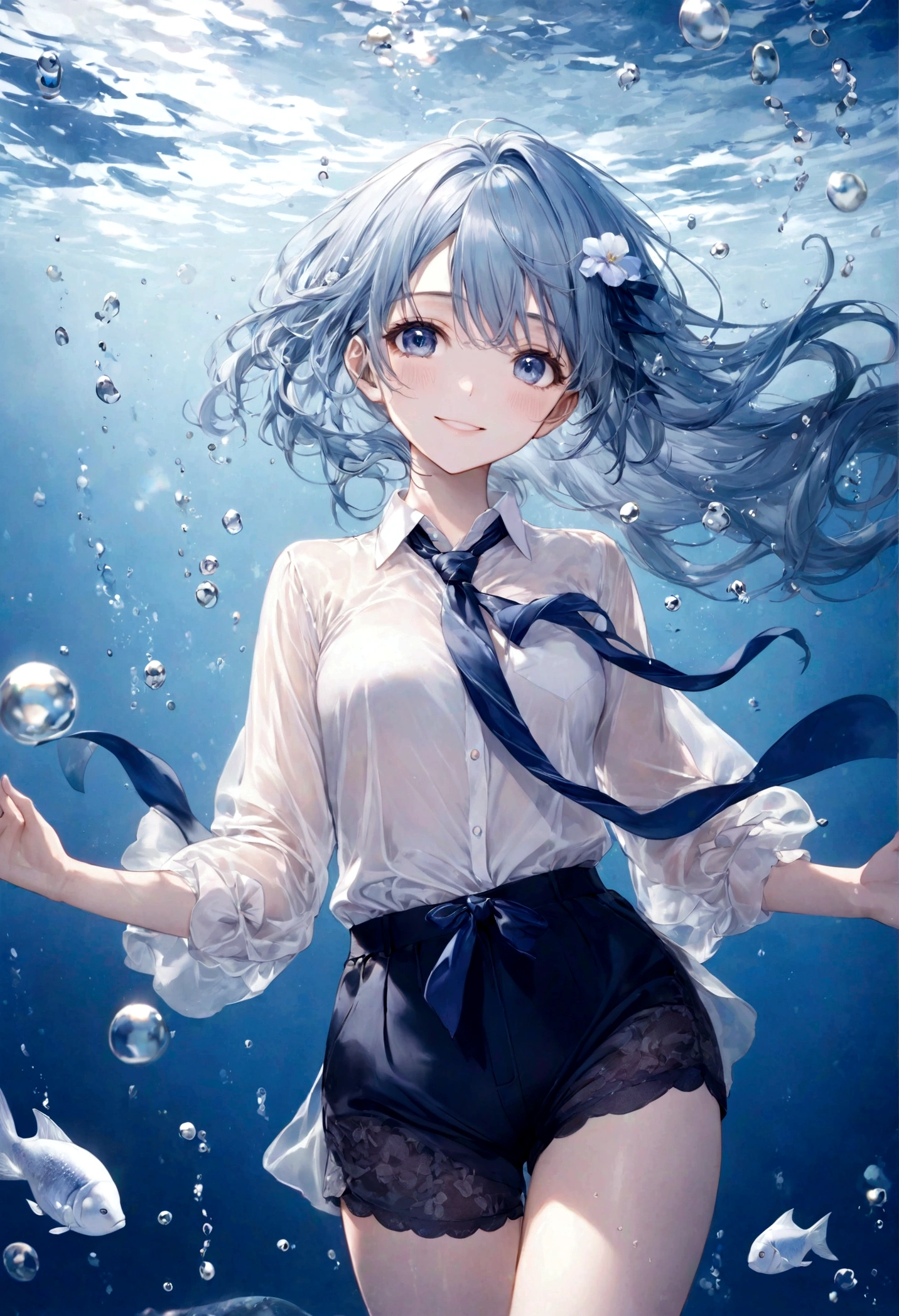 (top-quality)), ((masterpiece)), ((ultra-detailliert)), (extremely delicate and beautiful), bright sky blue hair, watery hair, bright sapphire eyes, fair skin, beautiful woman, sheer white shirt, sheer silky navy blue shorts, navy blue ribbon tie, pearl decorations, underwater world, cold background, air bubbles, water bubbles, underwater, sweet smile, relaxed expression, delicate wavy long hair, blue and white flowers in the water, hands hidden from view