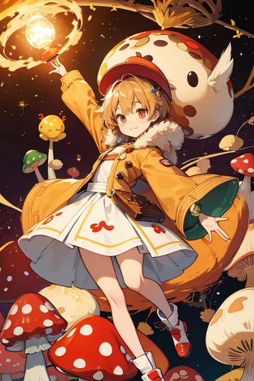 Kinominotchi has light yellow skin and stick-like arms and legs. She wears a brown, shaggy coat that resembles foliage and a red mushroom cap that is adorned with leaves at the top. . SPARKLE; GLITTER