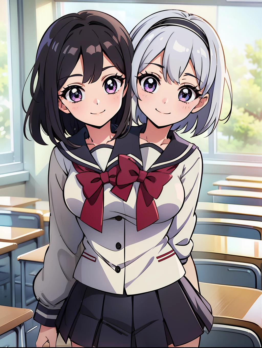 (masterpiece),best quality:1.5, ultra-detailed, high resolution, high quality, 16K, ((2heads:1.5)), ((black hair)), ((white hair)), (different hair colors), (1girl), conjoined twins, ((white seifuku uniform)), bow ties, outer jacket, (mini skirt with pleats), classroom, amber eyes, silver eyes, short hair, student blouse, headband, gentle smile,