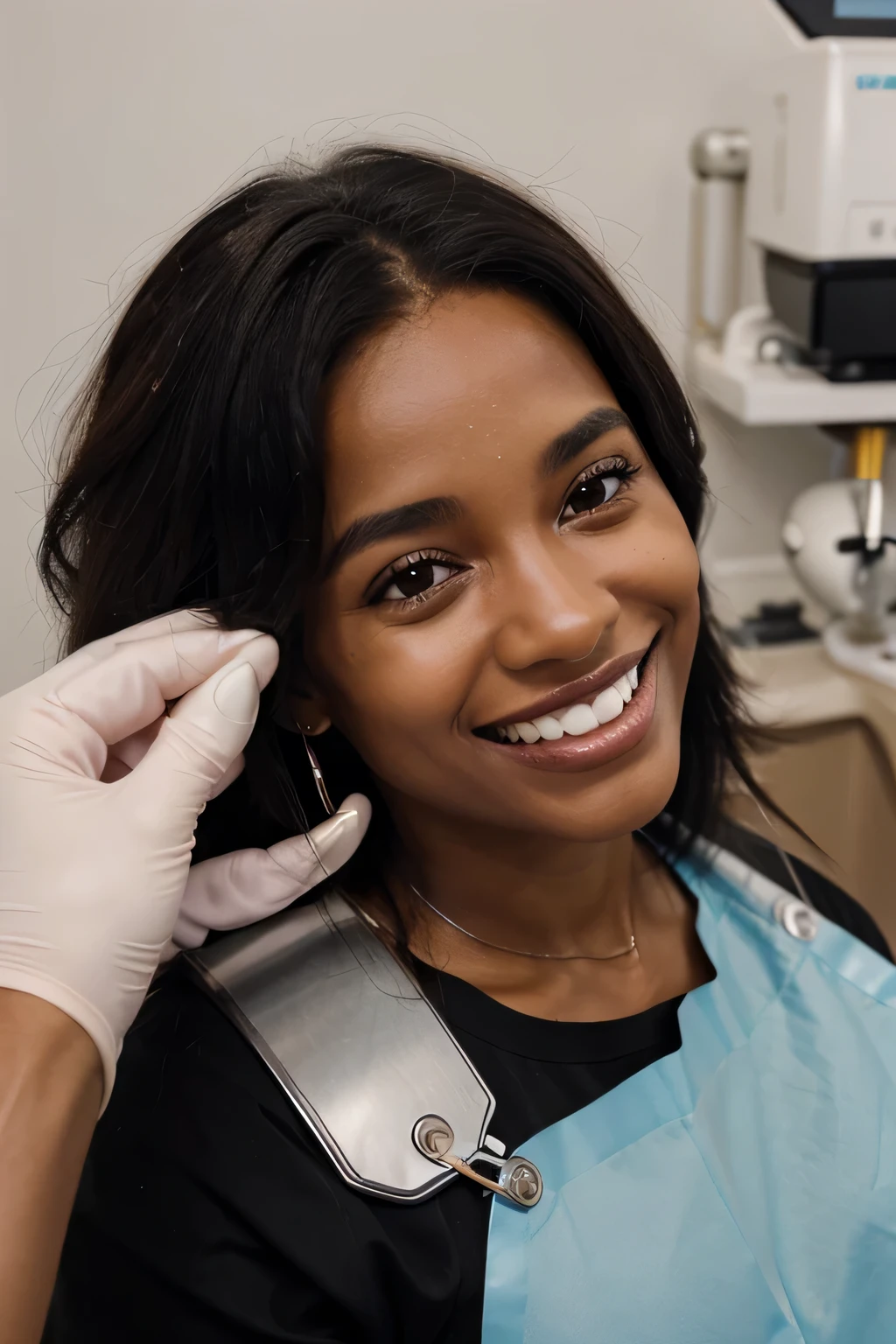 Preciso de uma imagem de uma mulher entre 20 e 30 anos, negra. She is in a dental office, deitada na cadeira do dentista, extremely happy and with a fixed orthodontic device with metal brackets and colored ligatures on his teeth, the dentist is maintaining this device.
