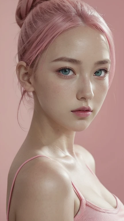 young woman, bubblegum pink hair tied in a bun, wide forehead, porcelain skin, pink eyebrows, emerald green eyes, upturned nose, thick pink lips, heart-shaped face, dark red clothes, Sakura Haruno, realism, well detailed, 3d
