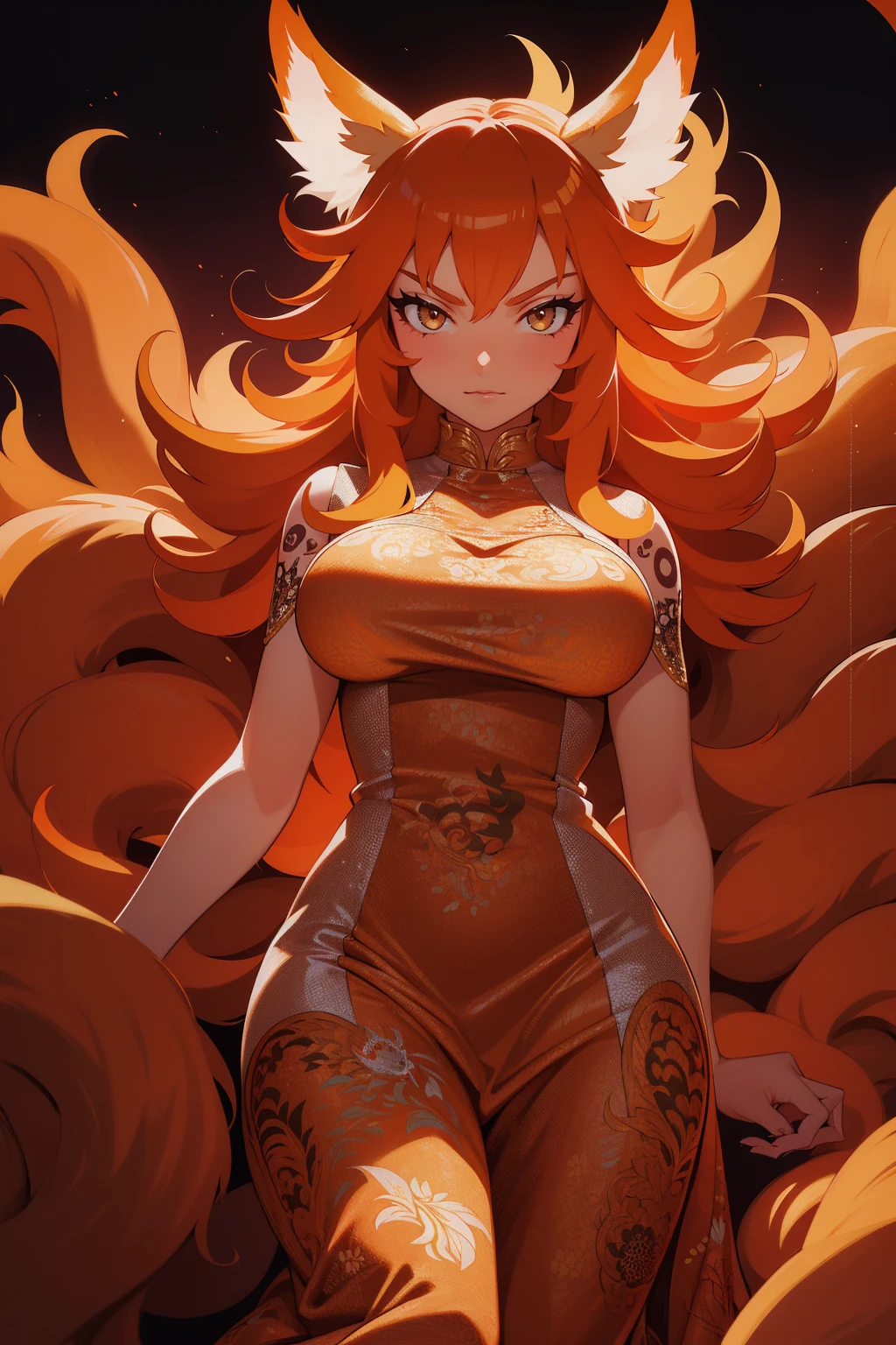 REALISTIC VISION 1.4, BETTER VAE,sharp focus, ultra detail, 32k,realistic photo, intricate details, kitsune, orange hair, oranfe eyes, intricate details ,woman, nine tails, intricate details,intricate details,big , Voluptuous body, intricate details, Miko, clothes long white dress with red details intricate details, tattoos intricate details, full body, with a orange nine tails fox , kiuubi (kurama, naruto), angry face,