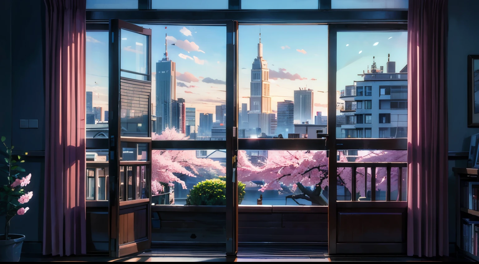 (masterpiece),(highest quality)、Night Sky、A room with a view of cherry blossoms and the cityscape from the window、4K、8K
