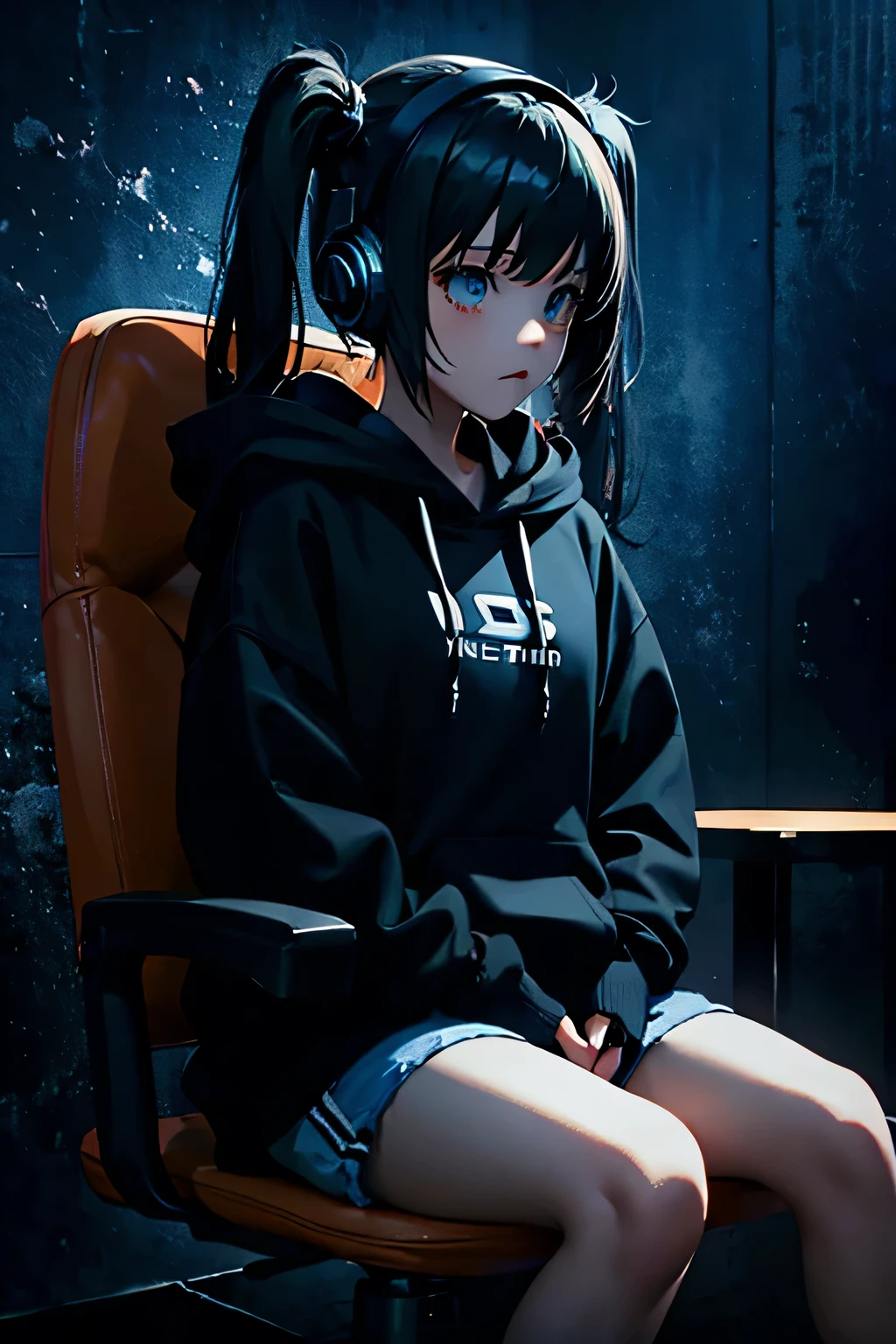 A girl sitting on a soft chair、Shorts、Black hooded hoodie、Twin tails、darkness、Search on PC、headphone、Blue-based atmosphere