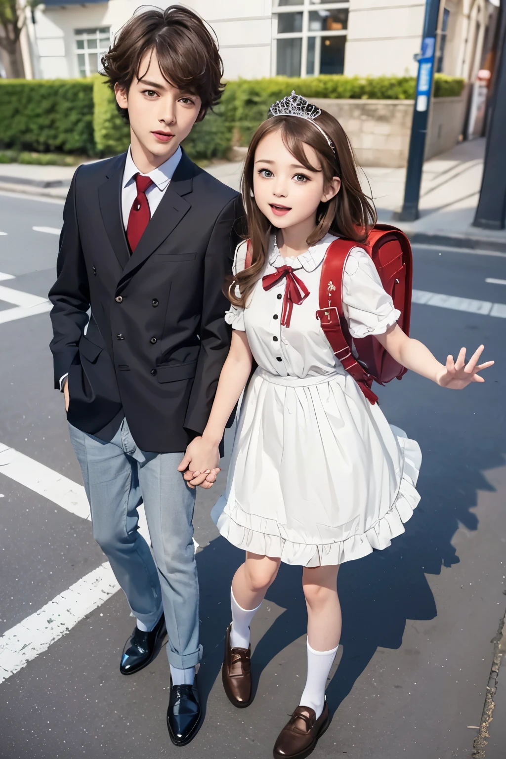 masterpiece, best quality, realistic, 2others, couple, 1man with 1woman, Height difference, happy, love, smile, ((1 boy, highschool boy, brown hair, brown eyes,  white collared shirt, neck tie,blue trousers, wearing brown shoes)), ((1 girl, highschool girl,  blue eyes, brown hair, hair ornaments, medium hair, Idol dress, wearing white, dress, frilled dress, cute dress, neck ribbon, wearing red backpack, wearing tiara, white socks, wearing brown shoes)) street, holding hands, standing, fullbody, day, sunlight