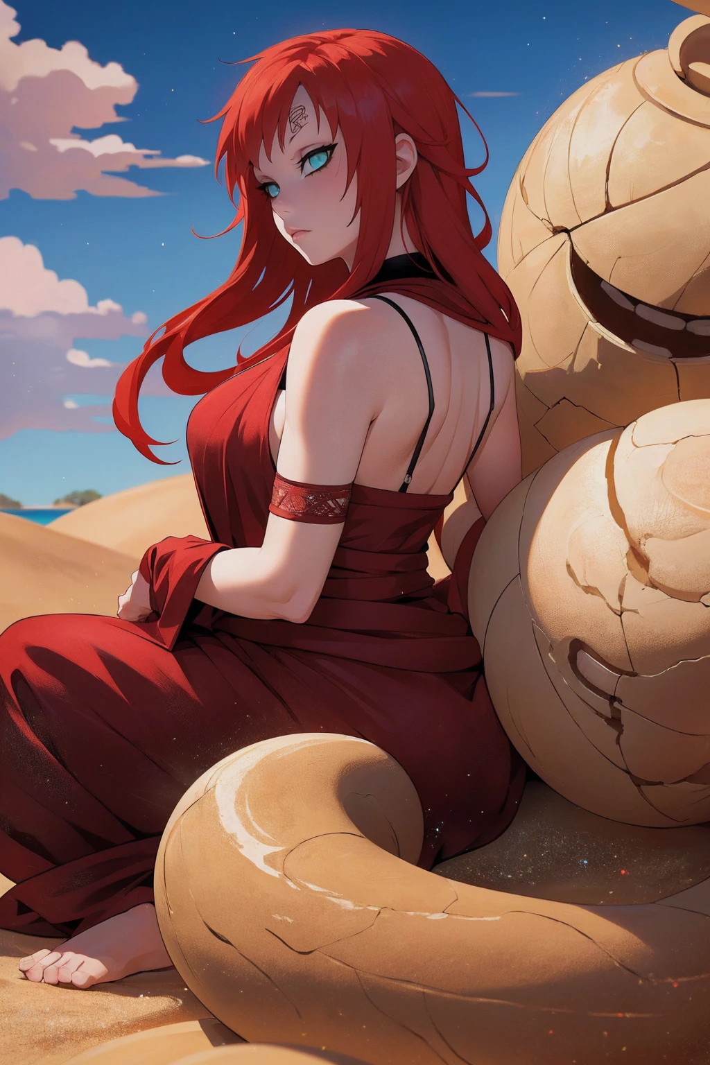 (Absurd, high quality, ultra -compared, careful with the hand) 1 woman, large breats, long red hair, gaara daughter ( Gaara/Naruto), Subaku no Gaara, sand gourd on the back, sitting on the ground