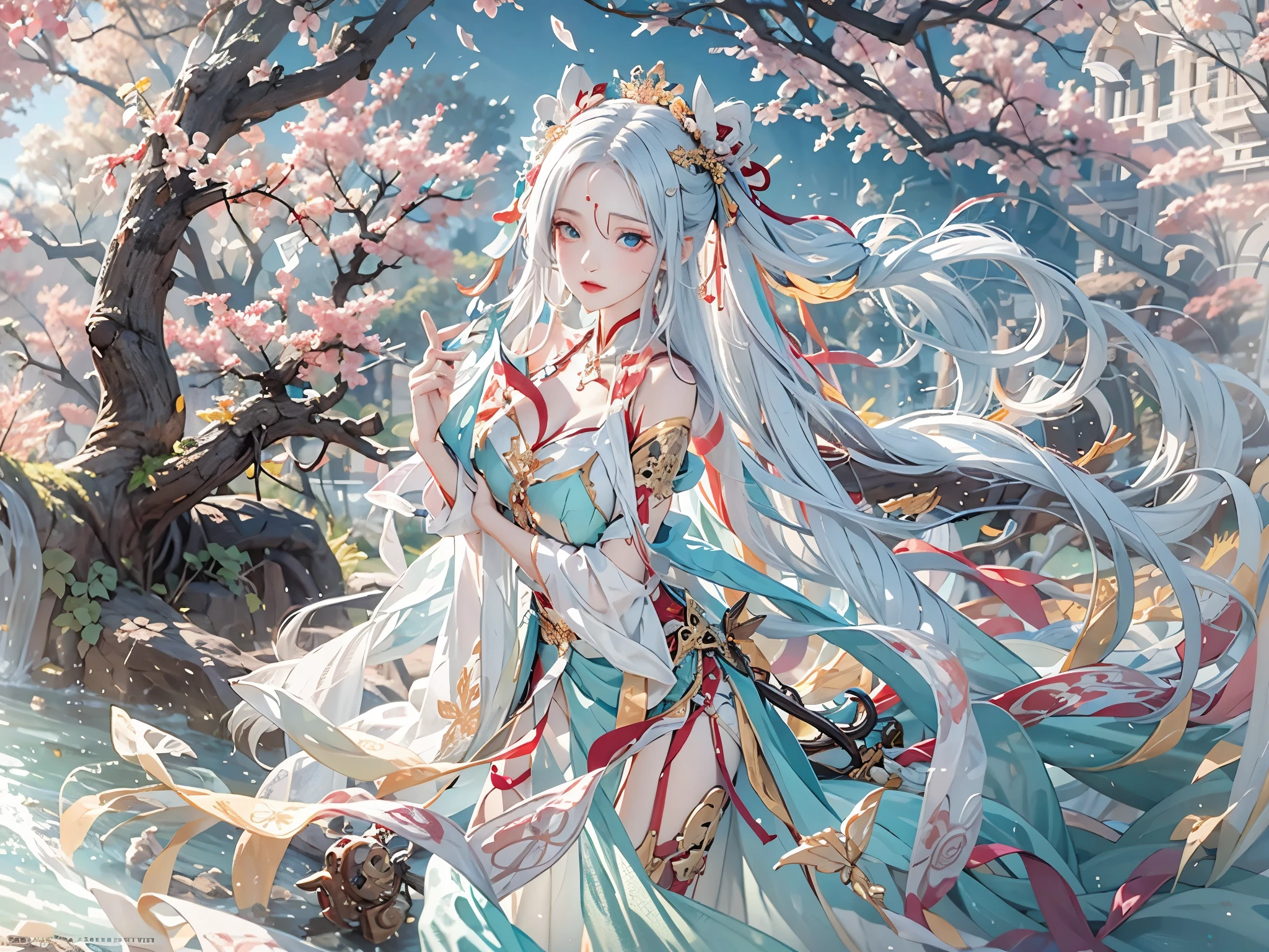 Reality, high resolution, Soft lighting, 1 female, Solitary, Hip lift, blue eyes, white hair, long hair, Hanfu, Hip lift, Jewelry, Tattoo, Cherry blossoms, Huge breasts