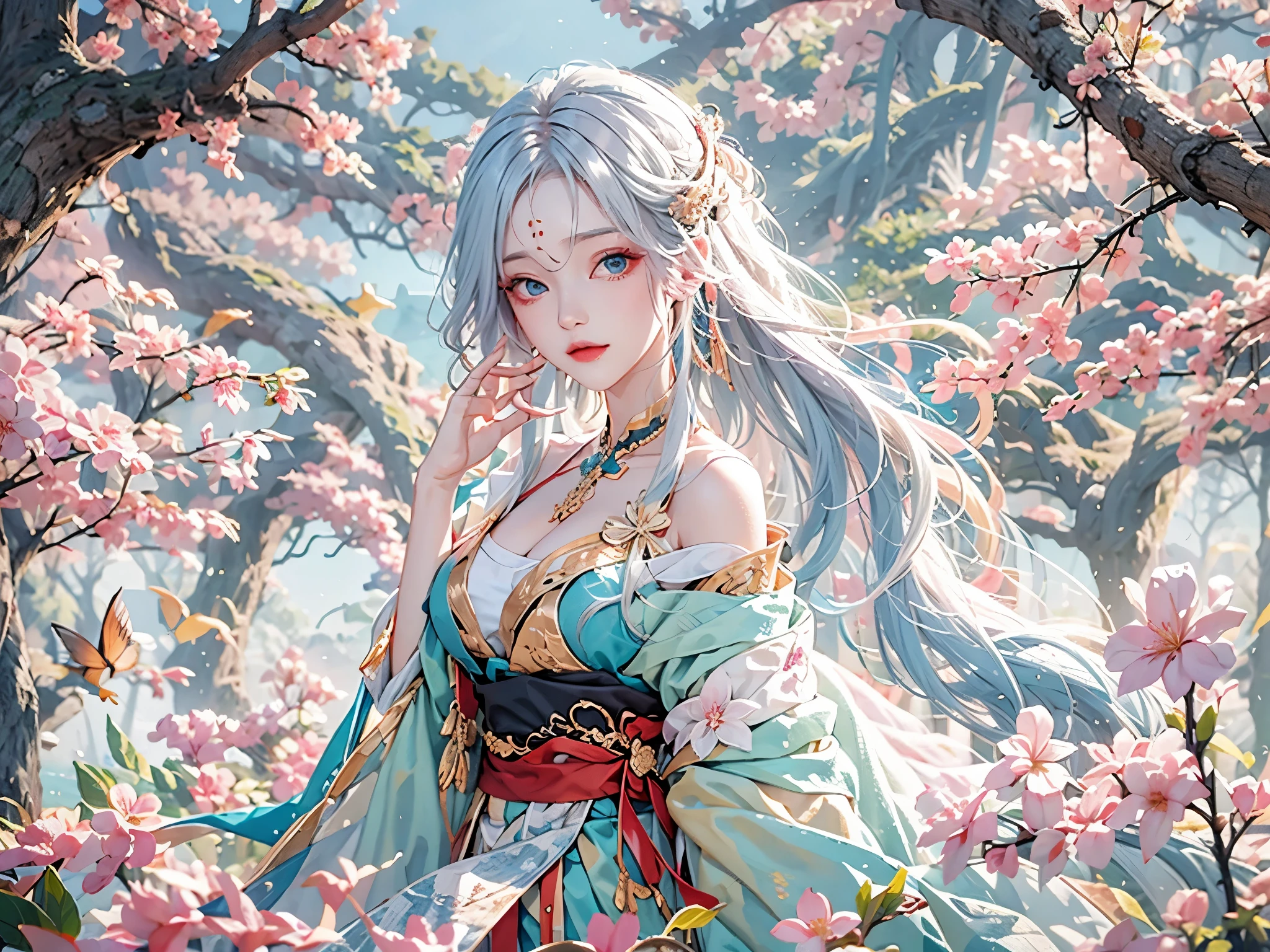 Reality, high resolution, Soft lighting, 1 female, Solitary, Hip lift, blue eyes, white hair, long hair, Hanfu, Hip lift, Jewelry, Tattoo, Cherry blossoms, Huge breasts