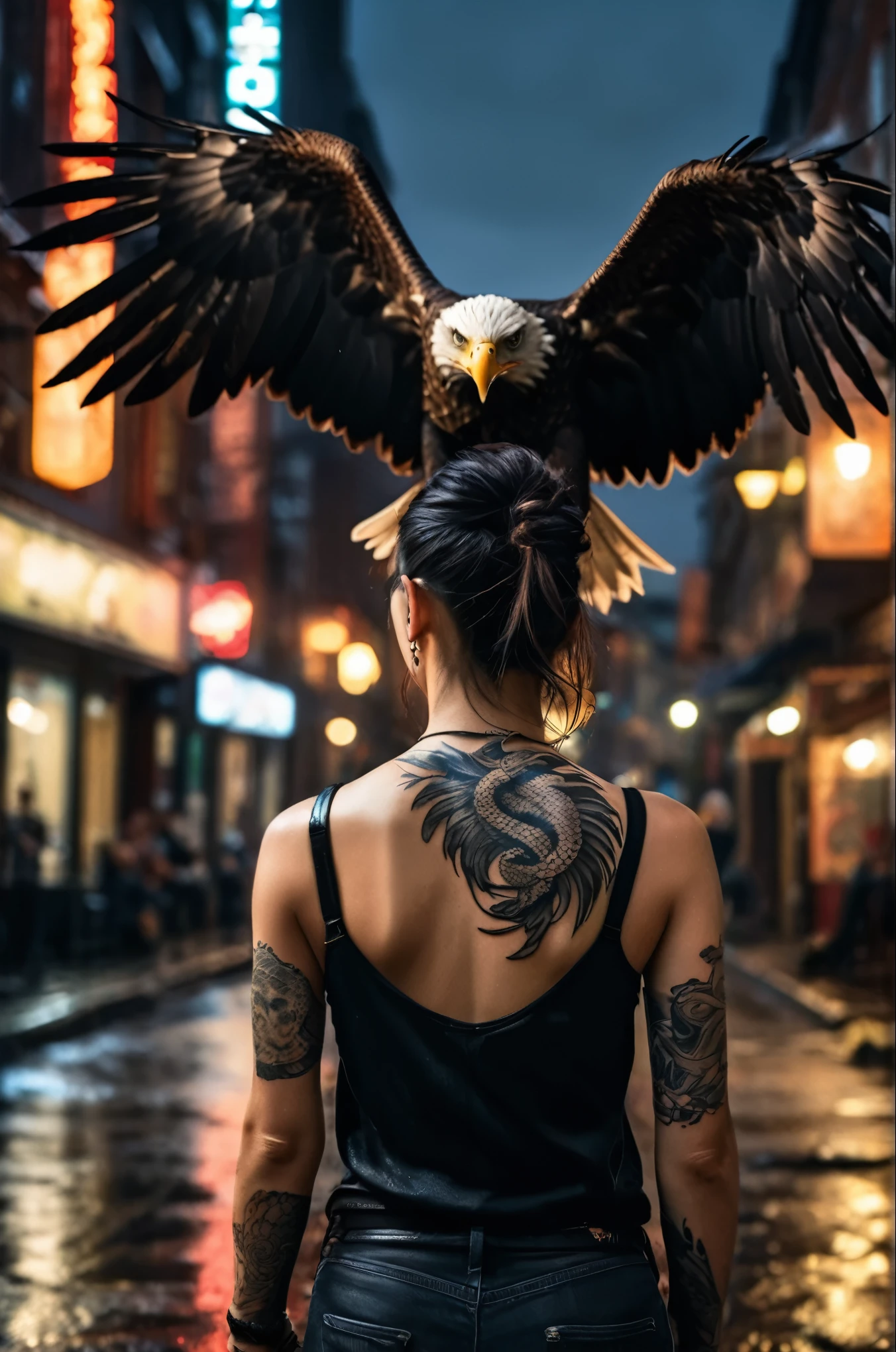 (dynamic pose:0.9),the girl with the eagle and serpent tattoo,rainy city street at night,black eyeliner,black sleeveless muscle shirt,from behind,(big eagle and serpent tattoo on the back:1.3),swedish town,detailed skin,detailed eyes,photorealistic,dramatic lighting,RAW photo,4k,sharp focus,high resolution,8k uhd,high quality,film grain,Fujifilm XT3,eagle and serpent,